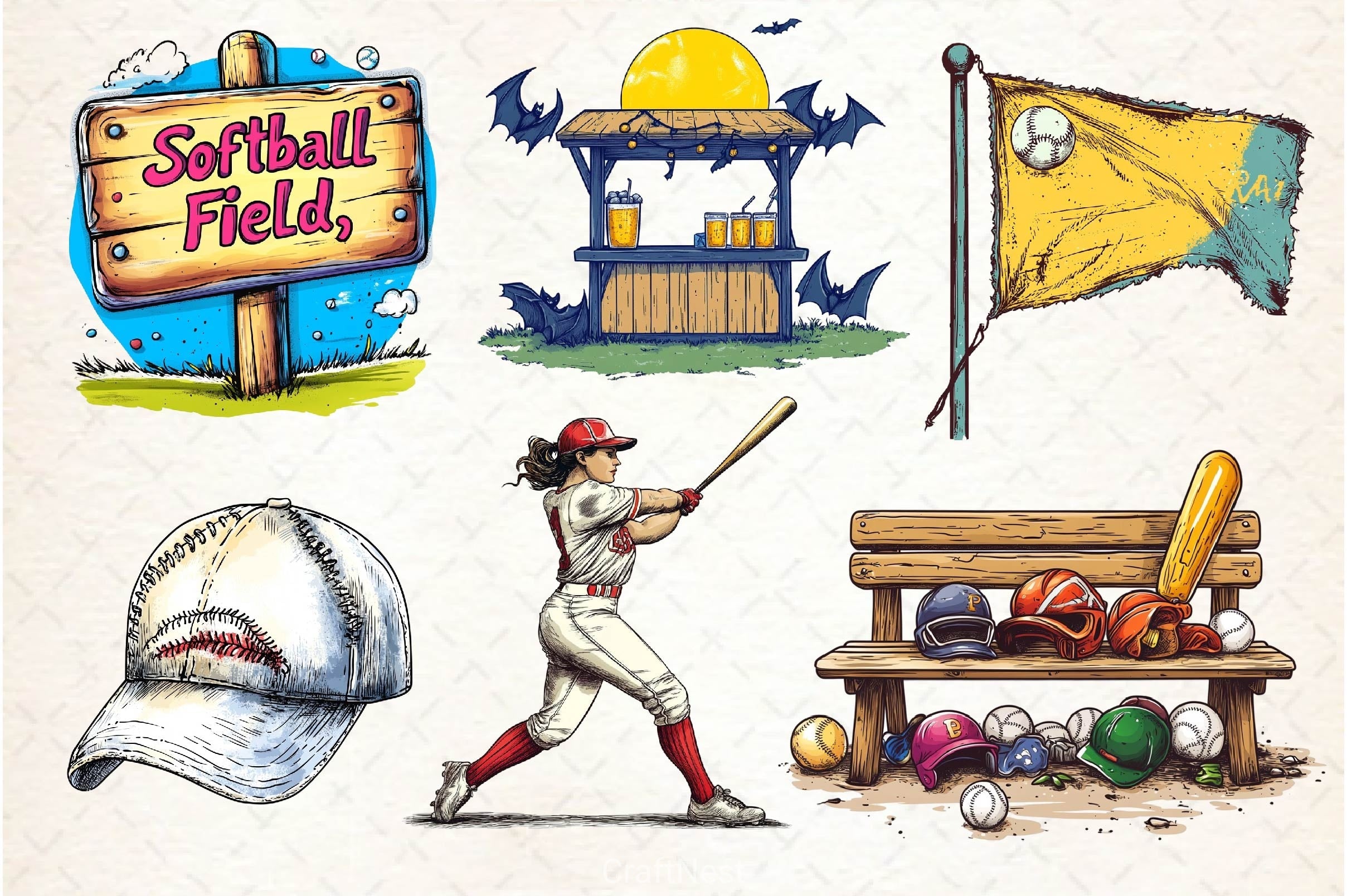 Vintage Softball Clipart Bundle 2