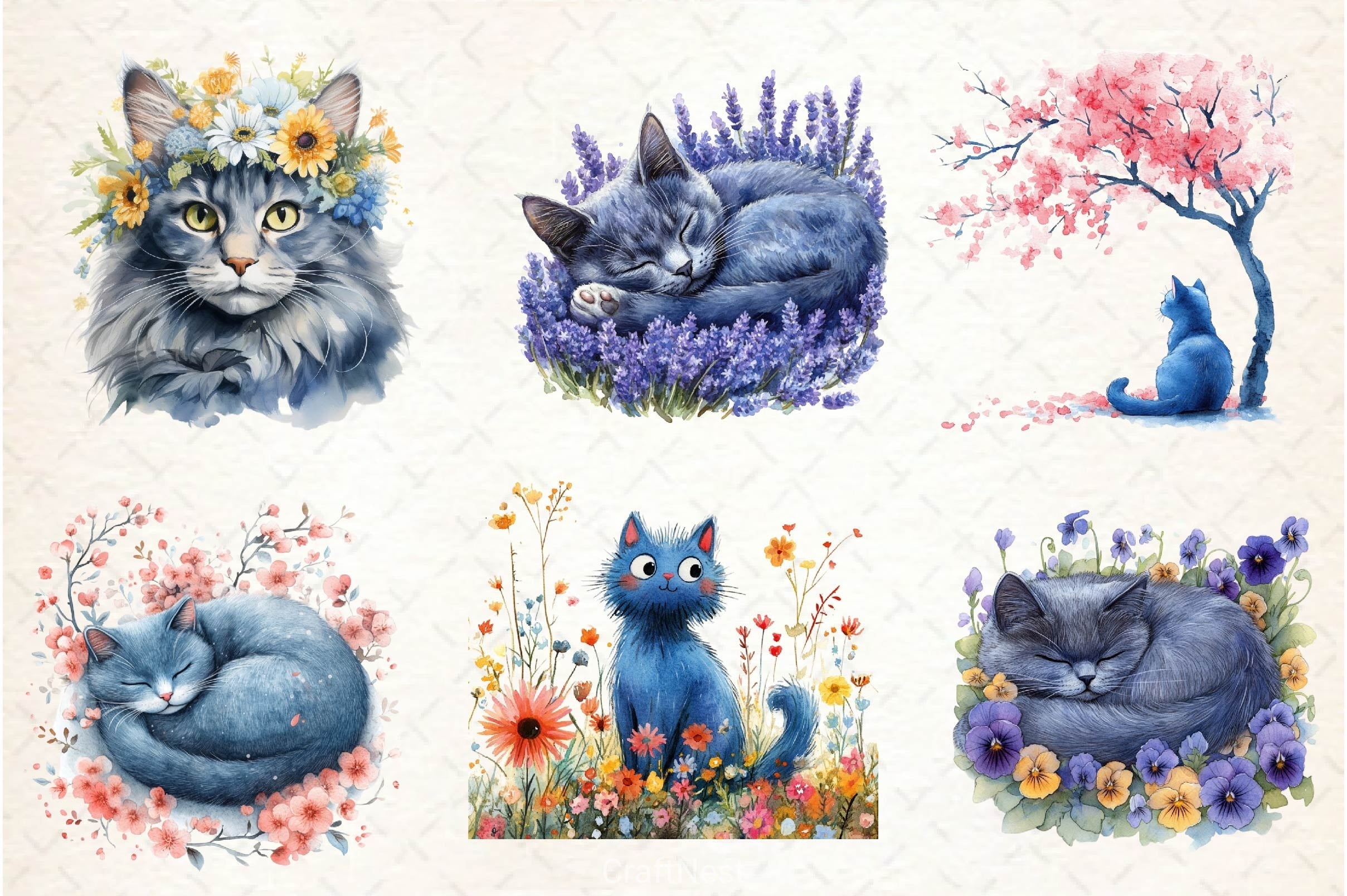 Spring Blue Cat Clipart Bundle