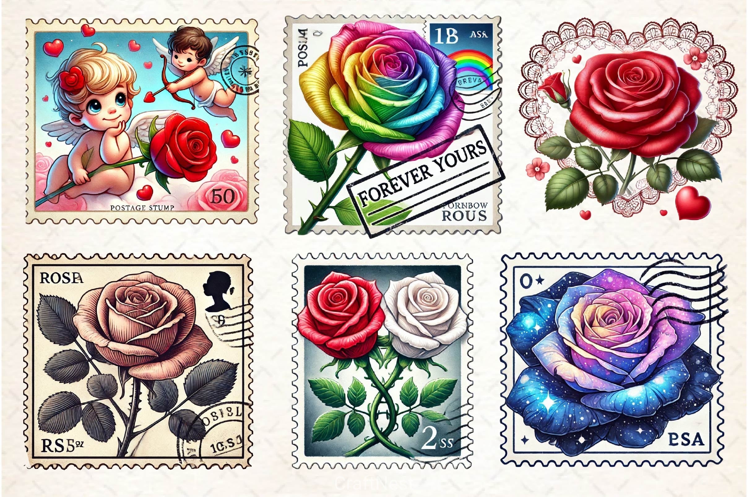 Valentine Rose Postage Stamp Clipart Bundle 2