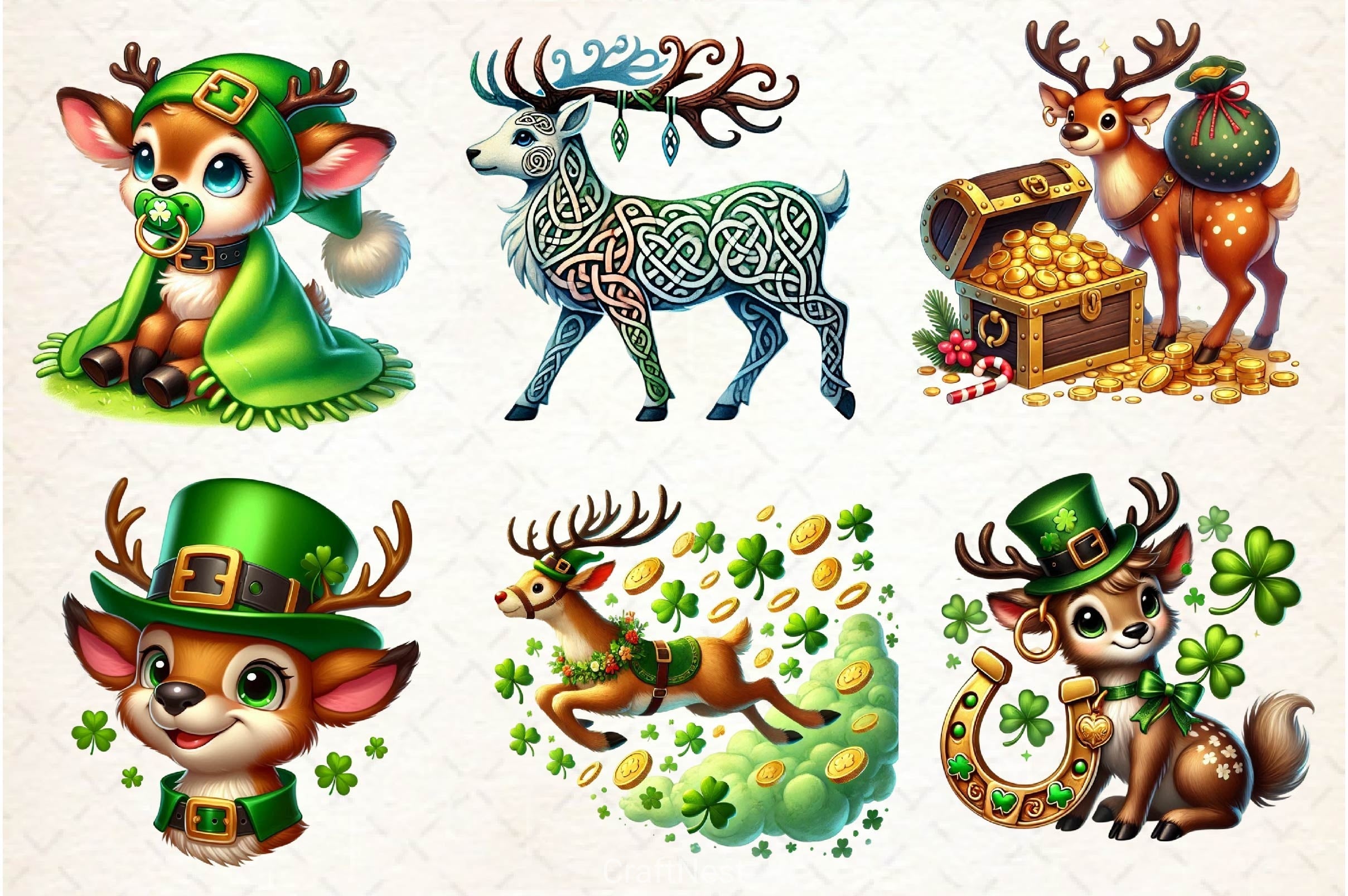 St Patricks Day Cute Reindeer Clipart Bundle 2