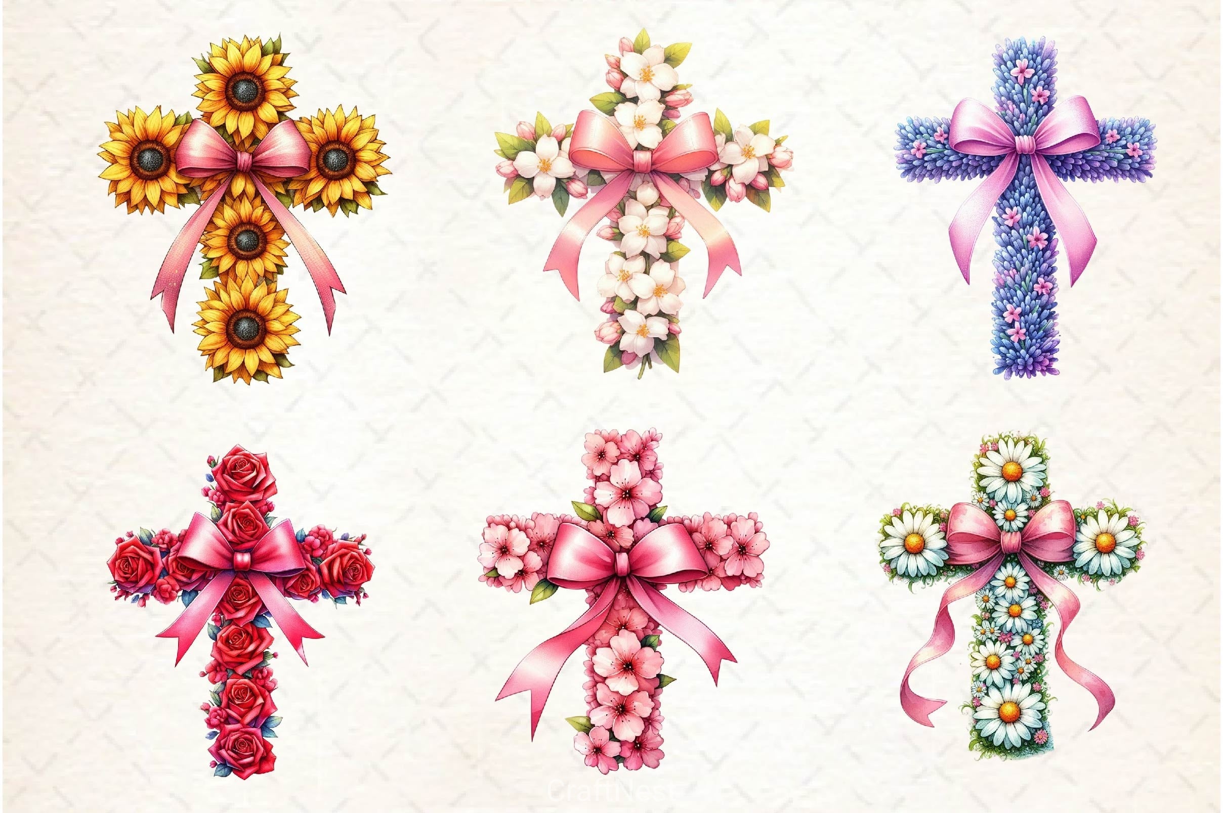 Spring Floral Cross Coquette Bow Clipart Bundle 2