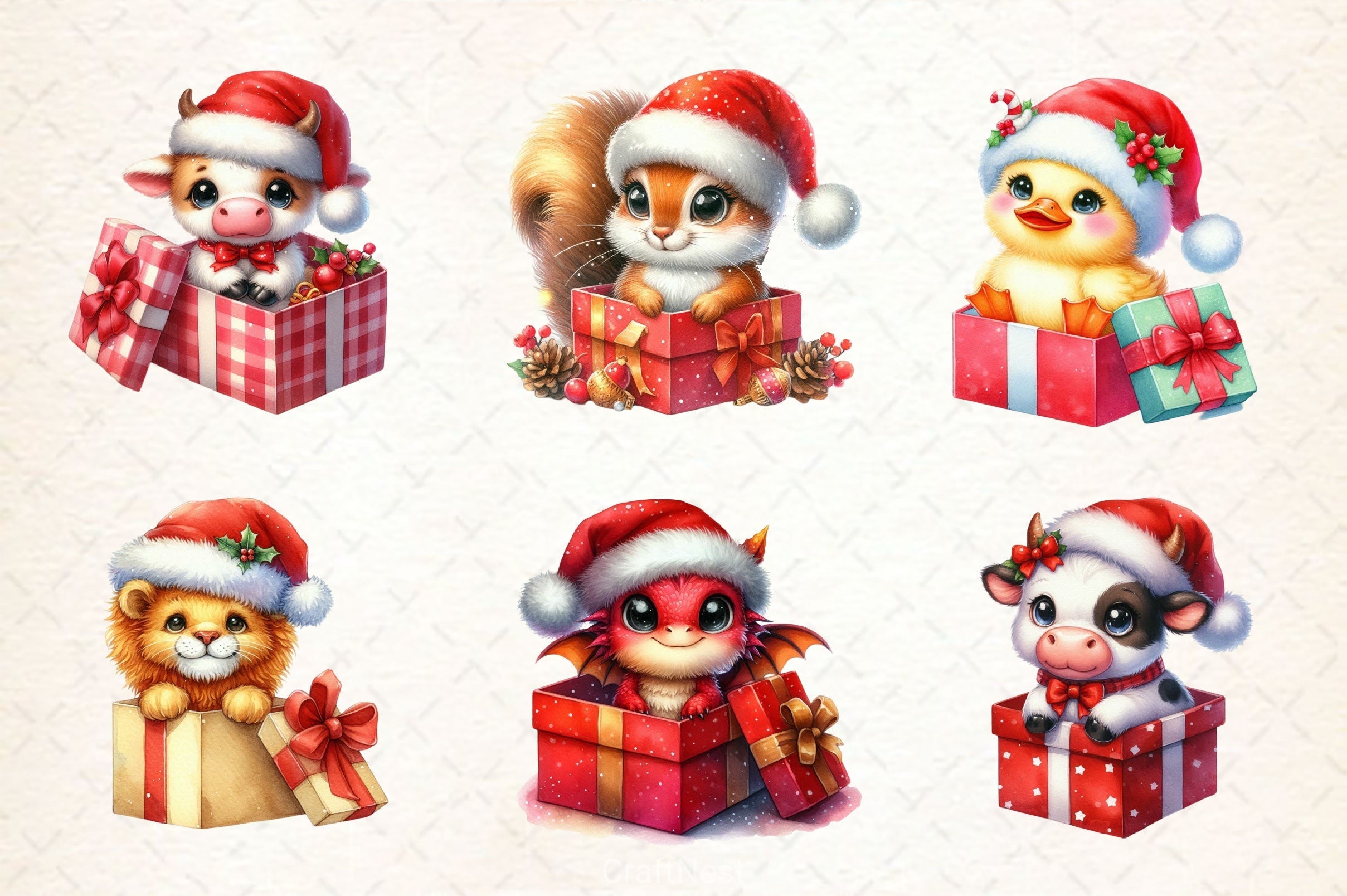 Christmas Animals Gift Box Clipart Bundle