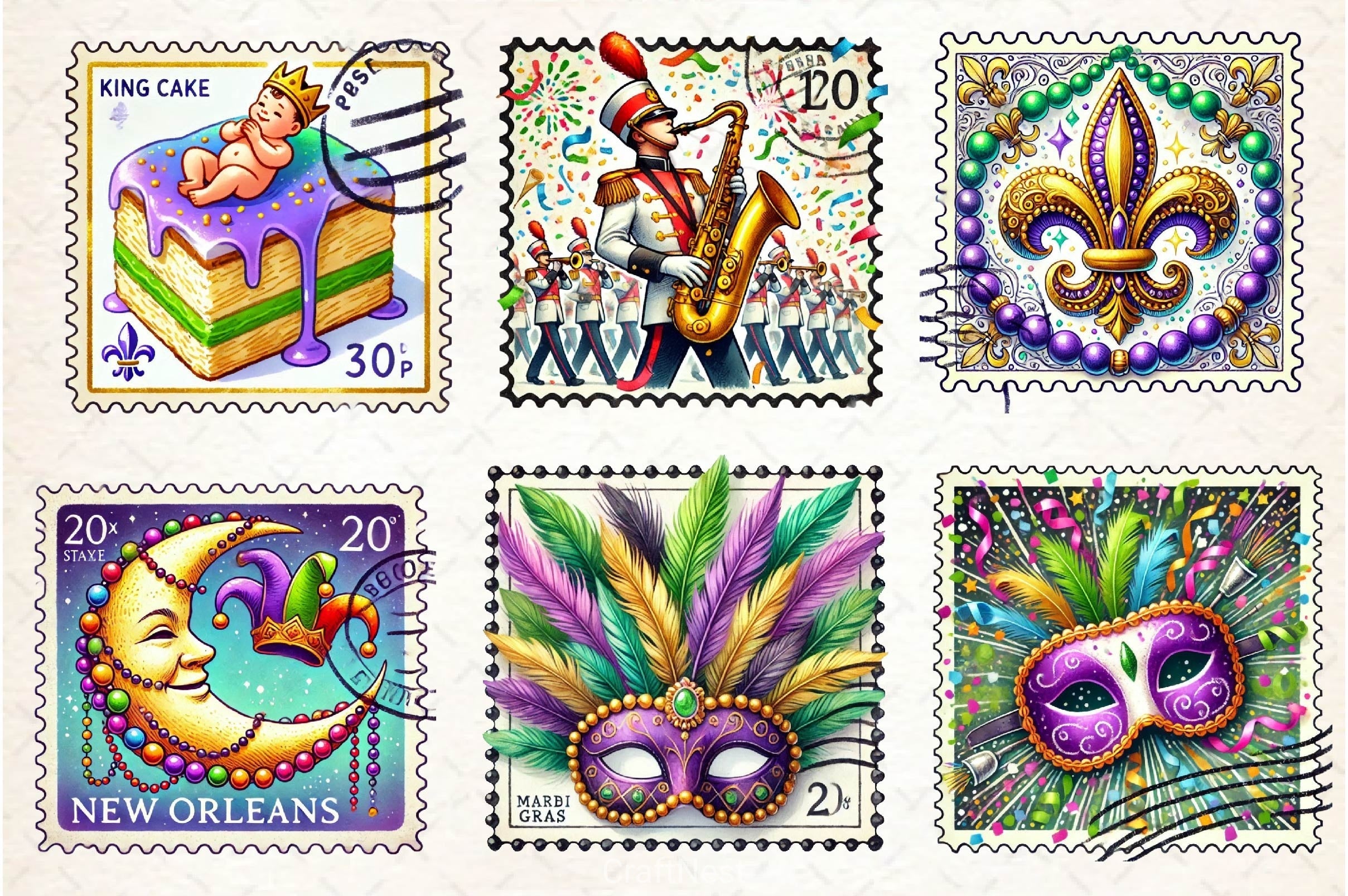 Mardi Gras Postage Stamp Clipart Bundle