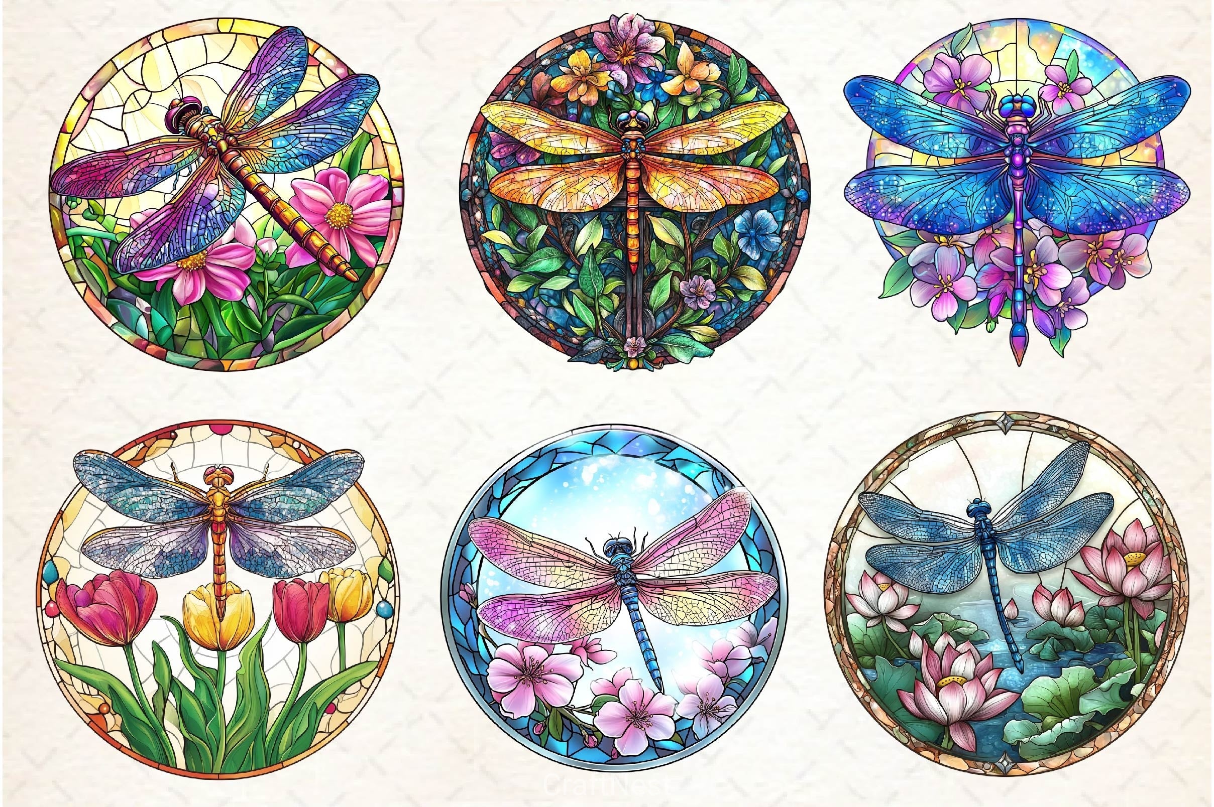 Dragonfly Spring Flower Stained Glass Clipart Bundle