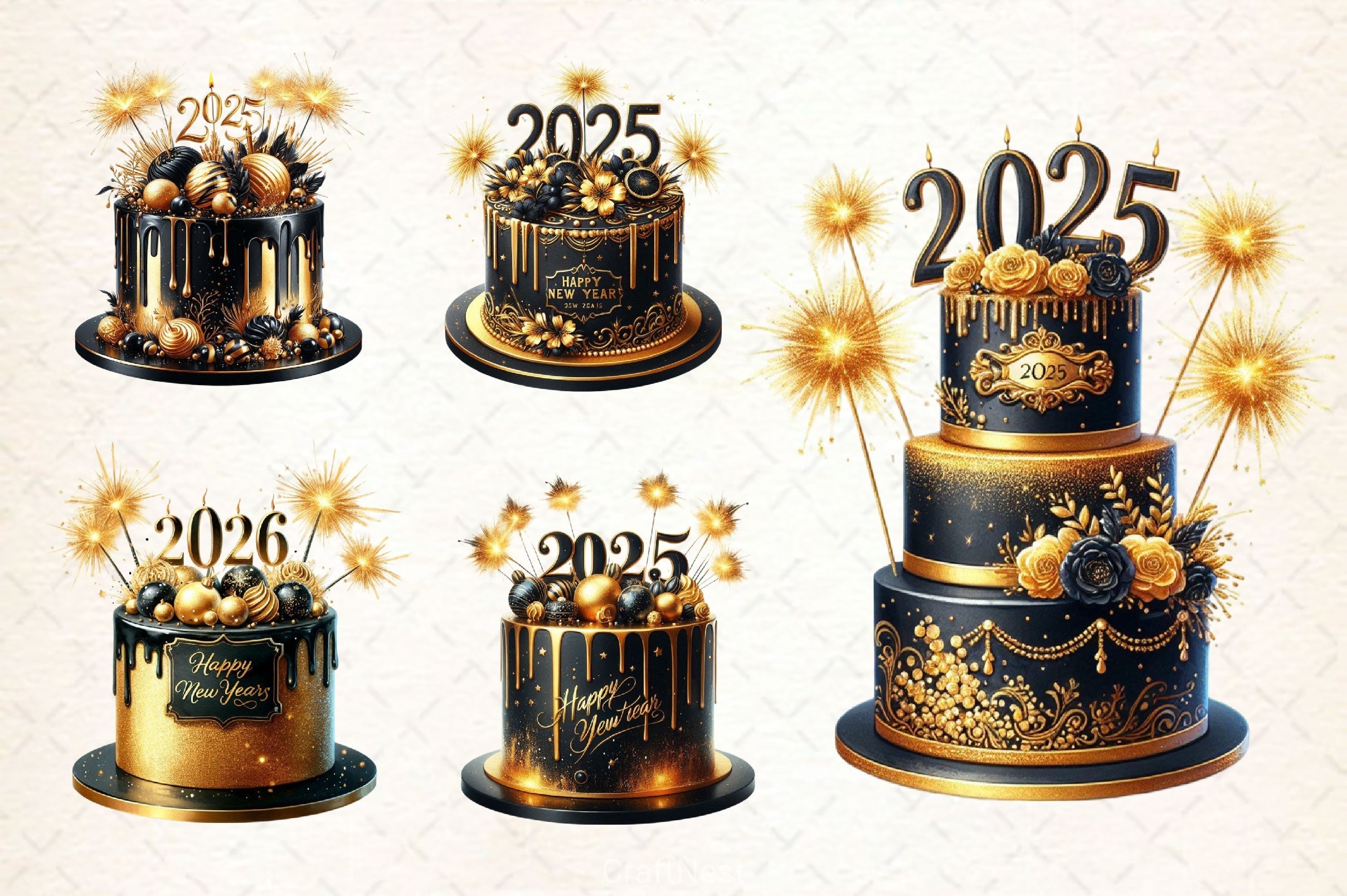 Happy New Year Cake Clipart Bundle