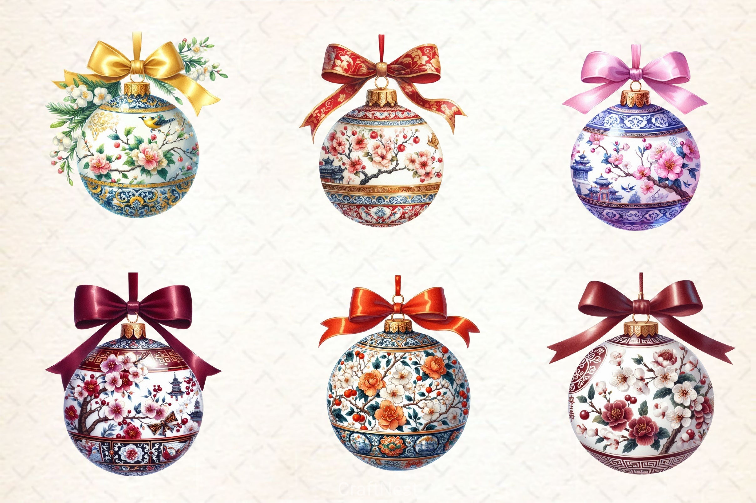 Xmas Chinoiserie Ornaments Clipart Bundle