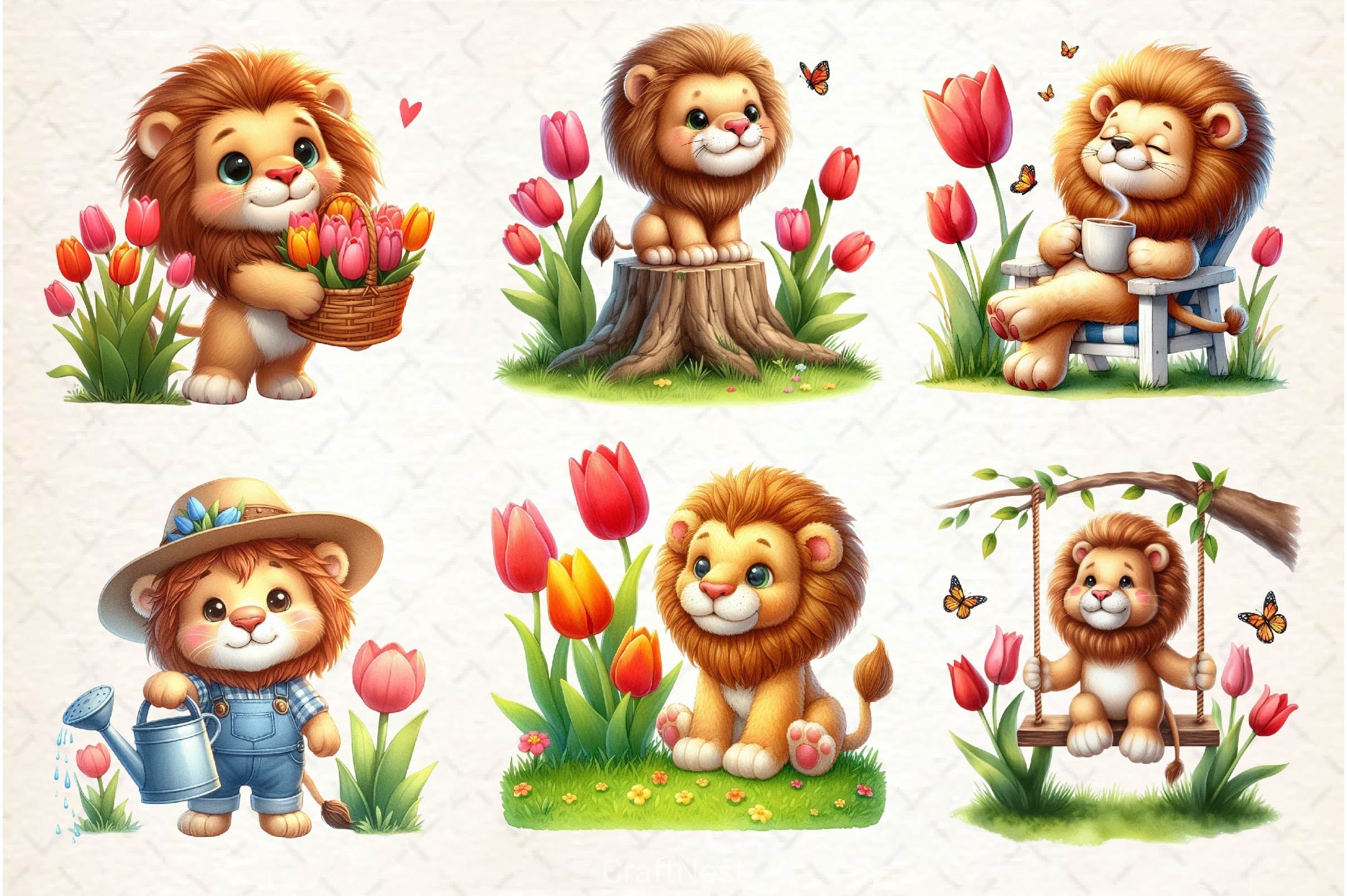 Cute Spring Lion Clipart Bundle 2