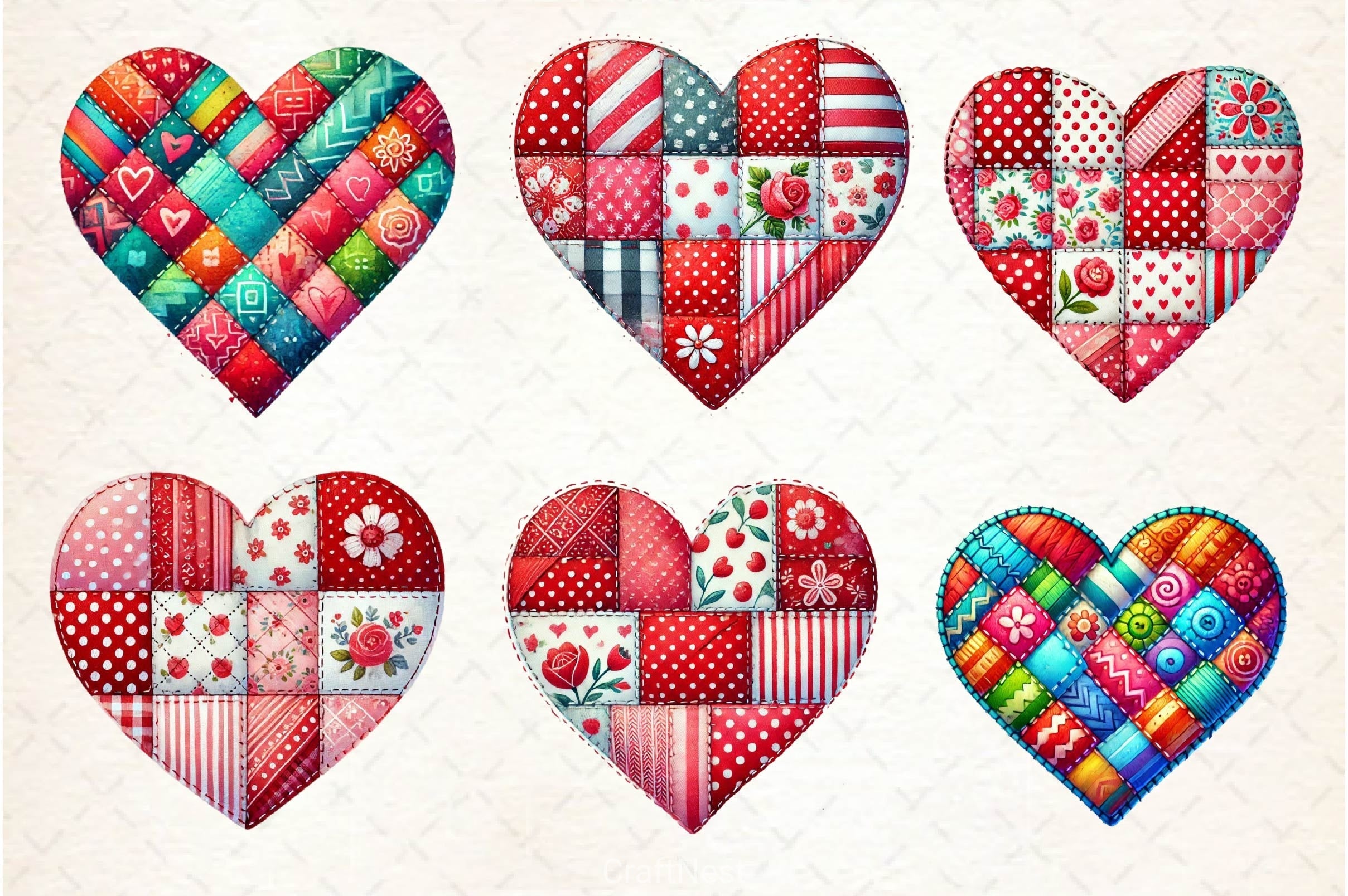 Patchwork Heart Valentines Day Clipart Bundle 2
