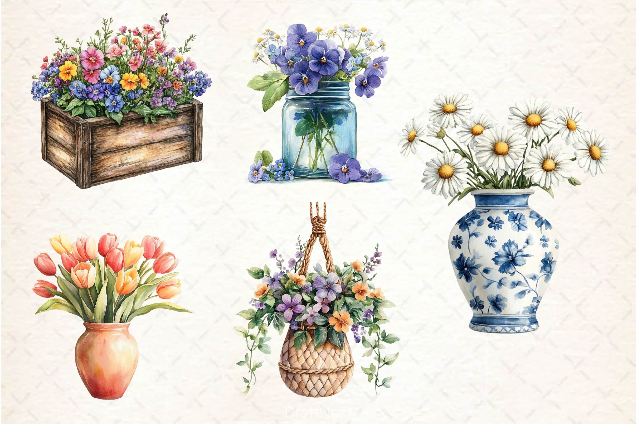 Spring Flowers Vase Clipart Bundle