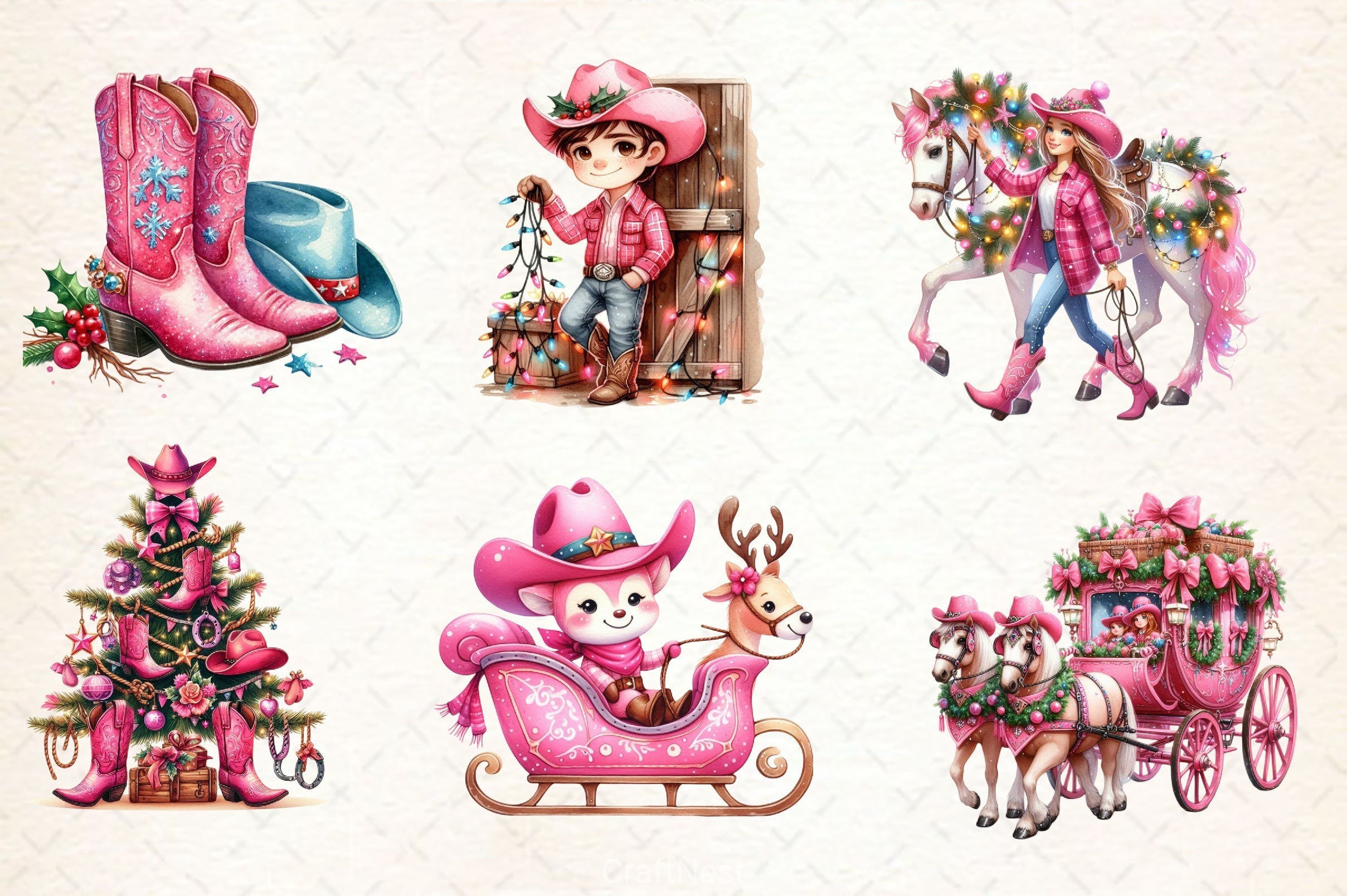 Pink Christmas Cowboy Clipart Bundle 2