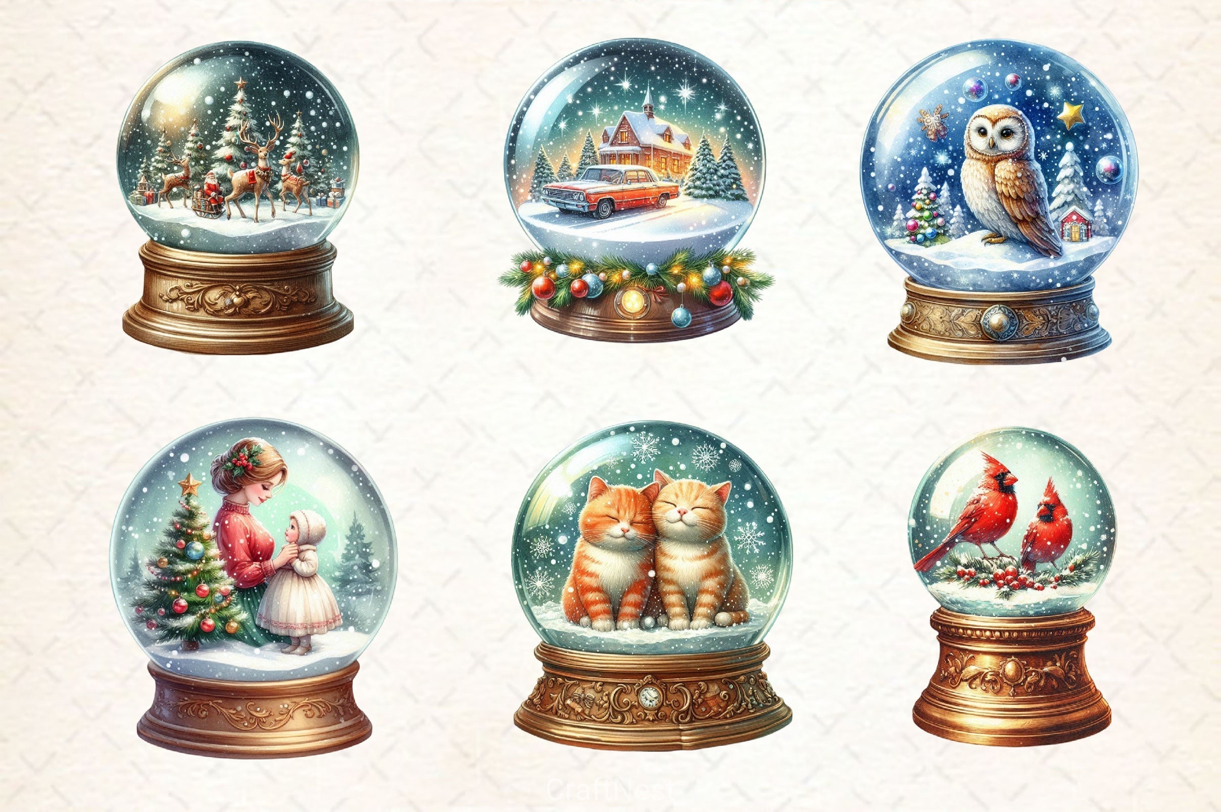 Vintage Christmas Snow Globe Clipart Bundle