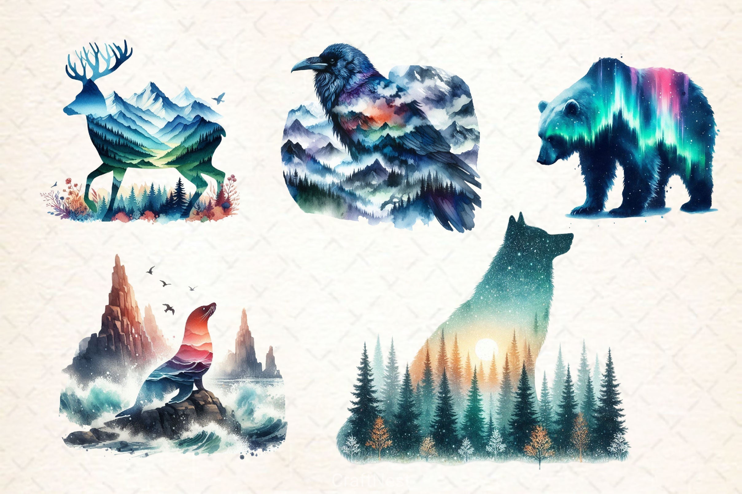 Double Exposure Animal Landscape Clipart Bundle