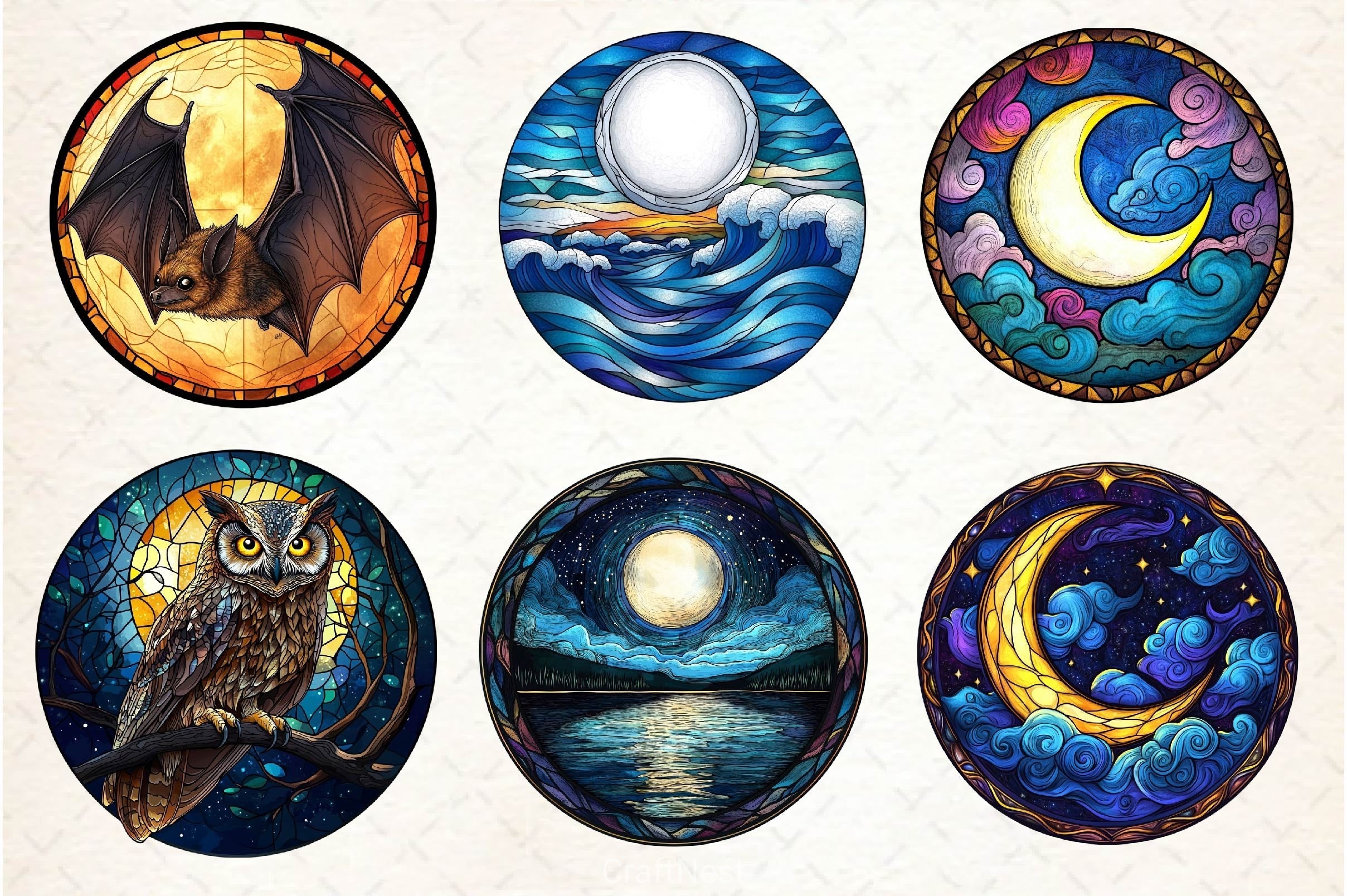 Moonlit Nights Stained Glass Circle Clipart Bundle