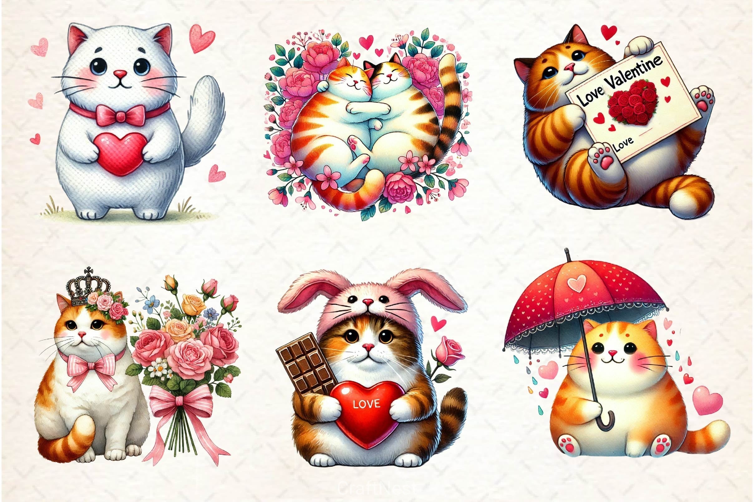 Valentine Fat Cat Clipart Bundle