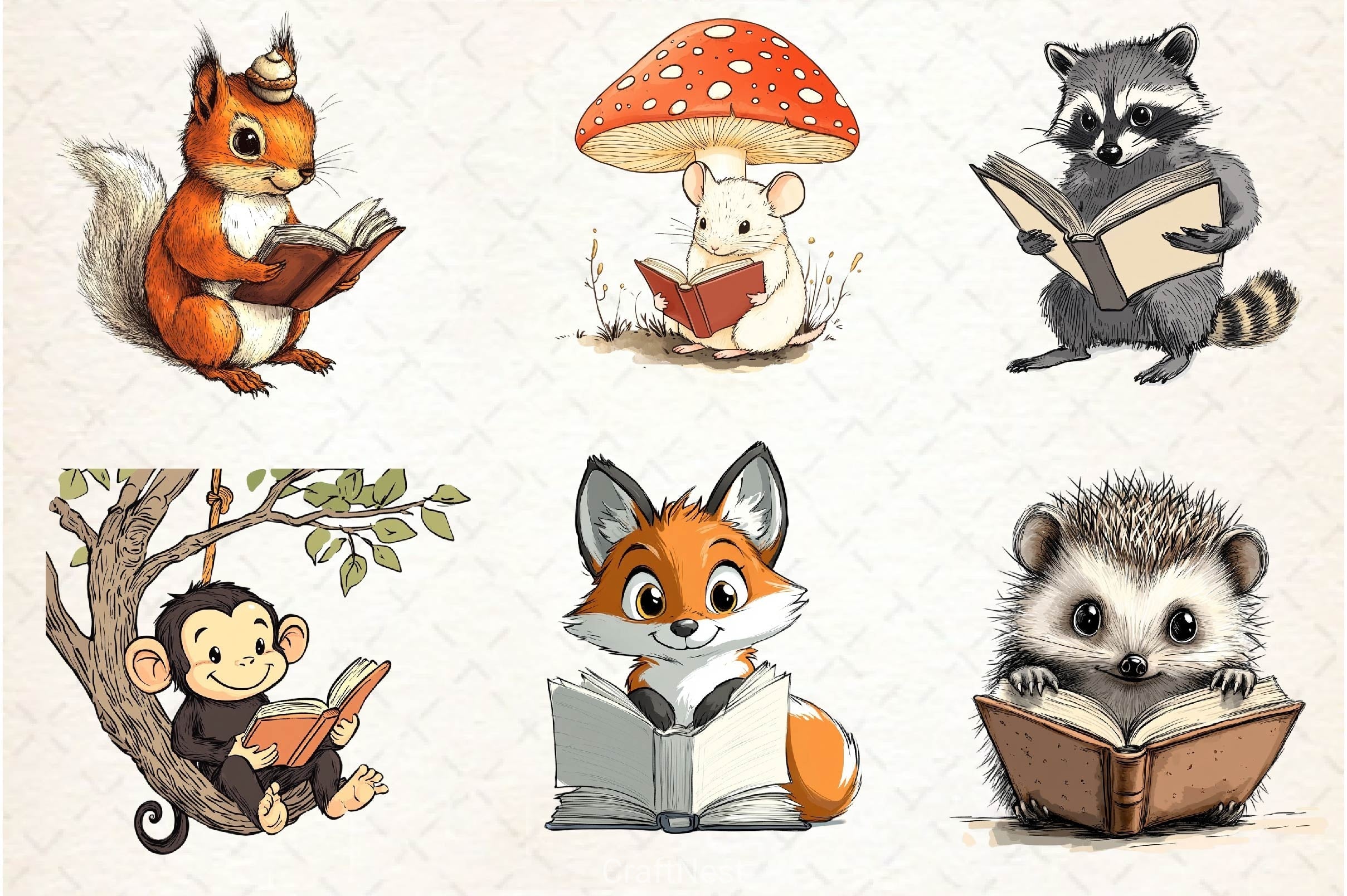 Funny Animals Reading Book Clipart Bundle 3