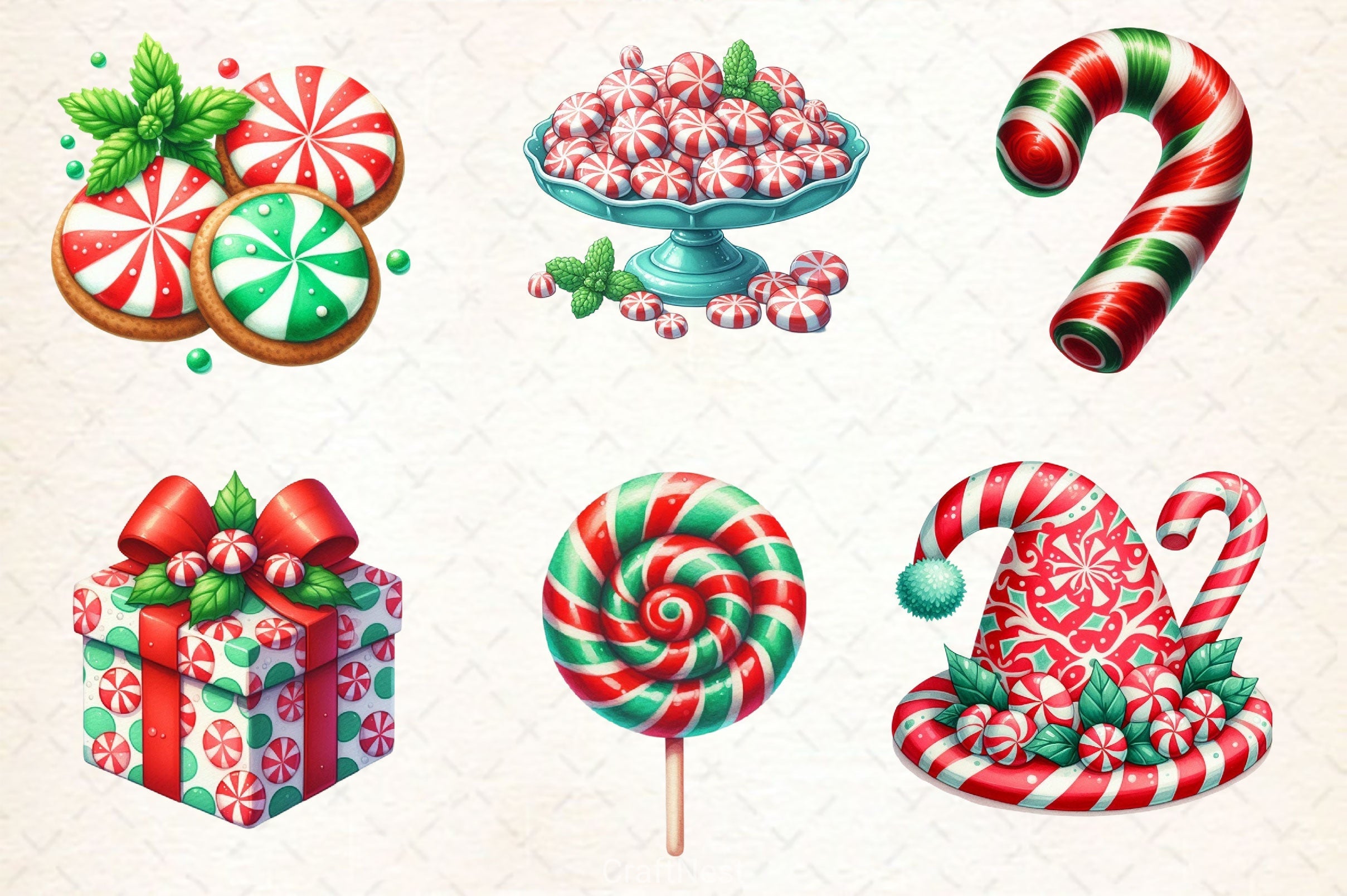 Red & Green Christmas Peppermint Candy Clipart Bundle
