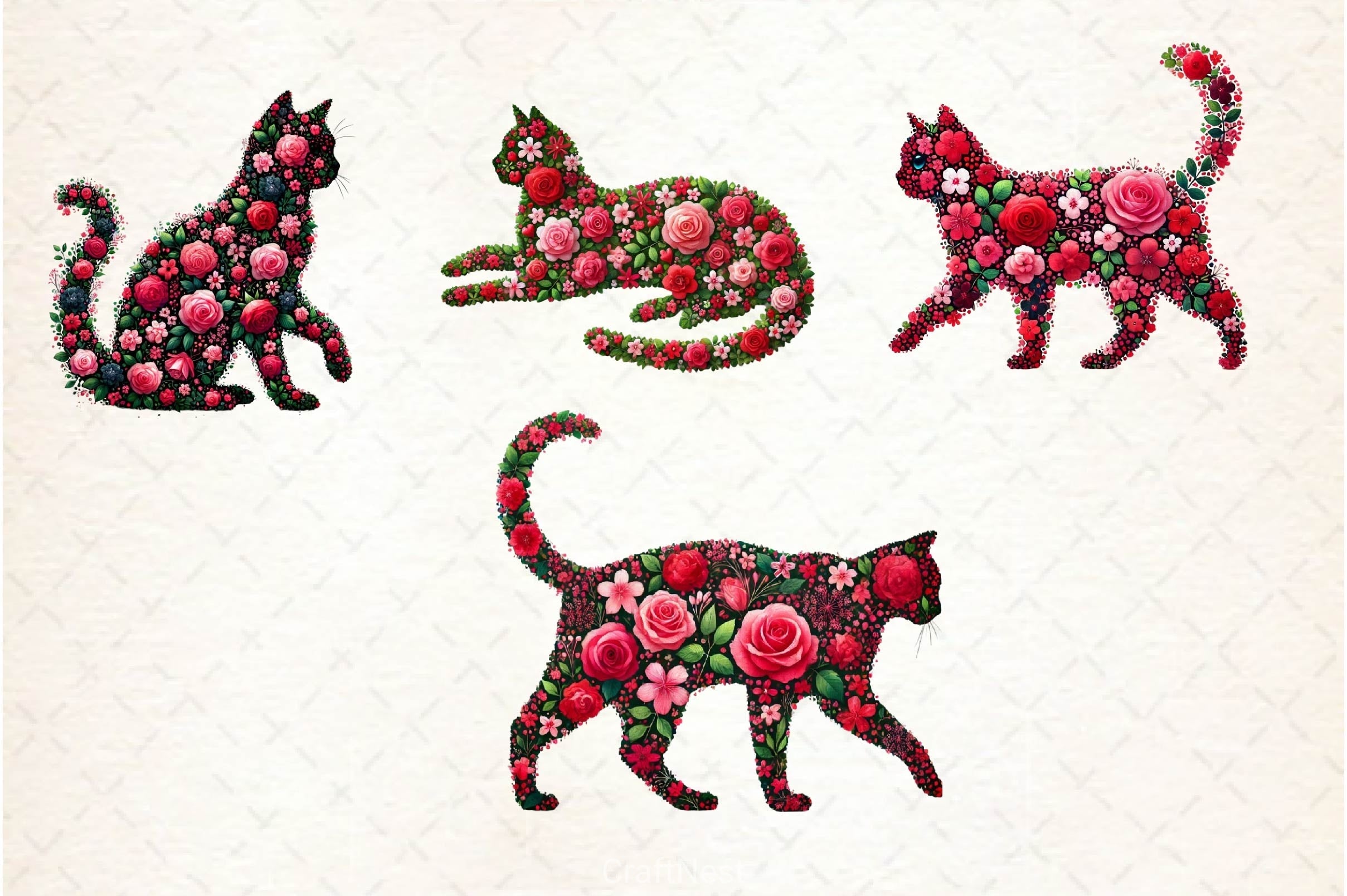 Valentine Pink Roses Cats Clipart Bundle 2