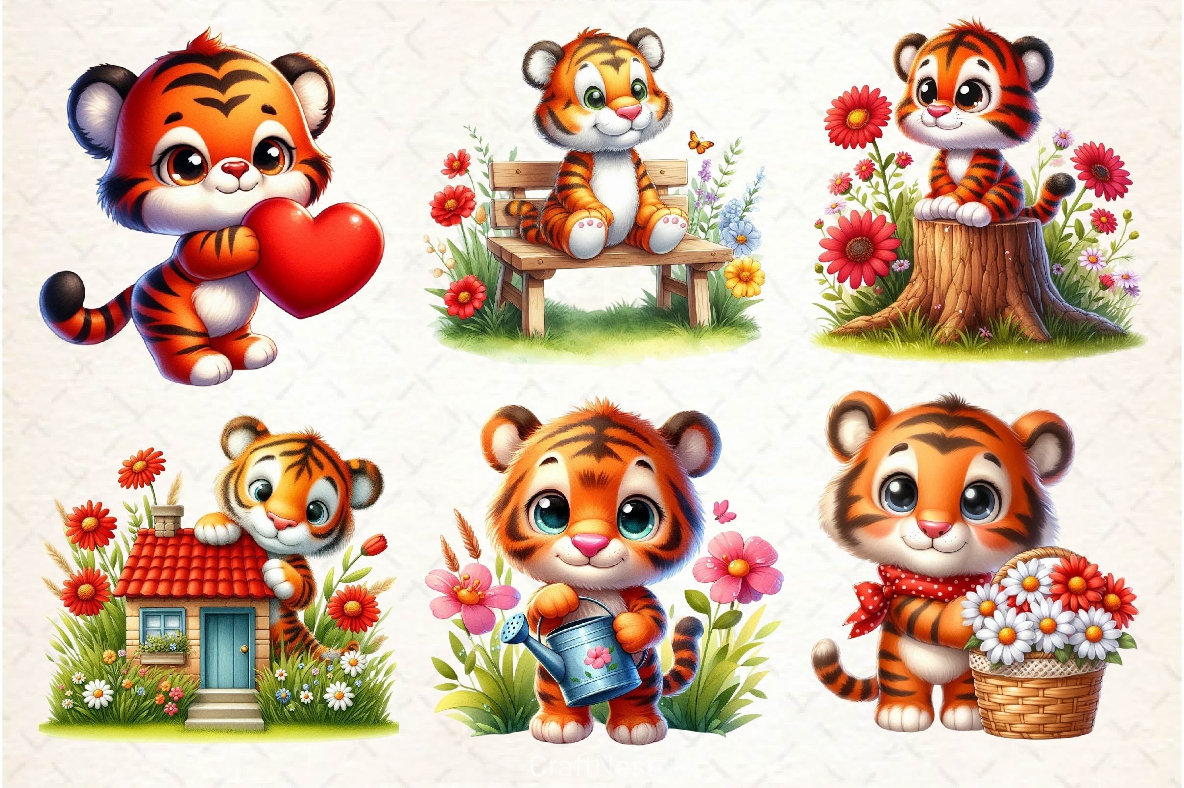Cute Tiger With Floral Spring Clipart Bundle