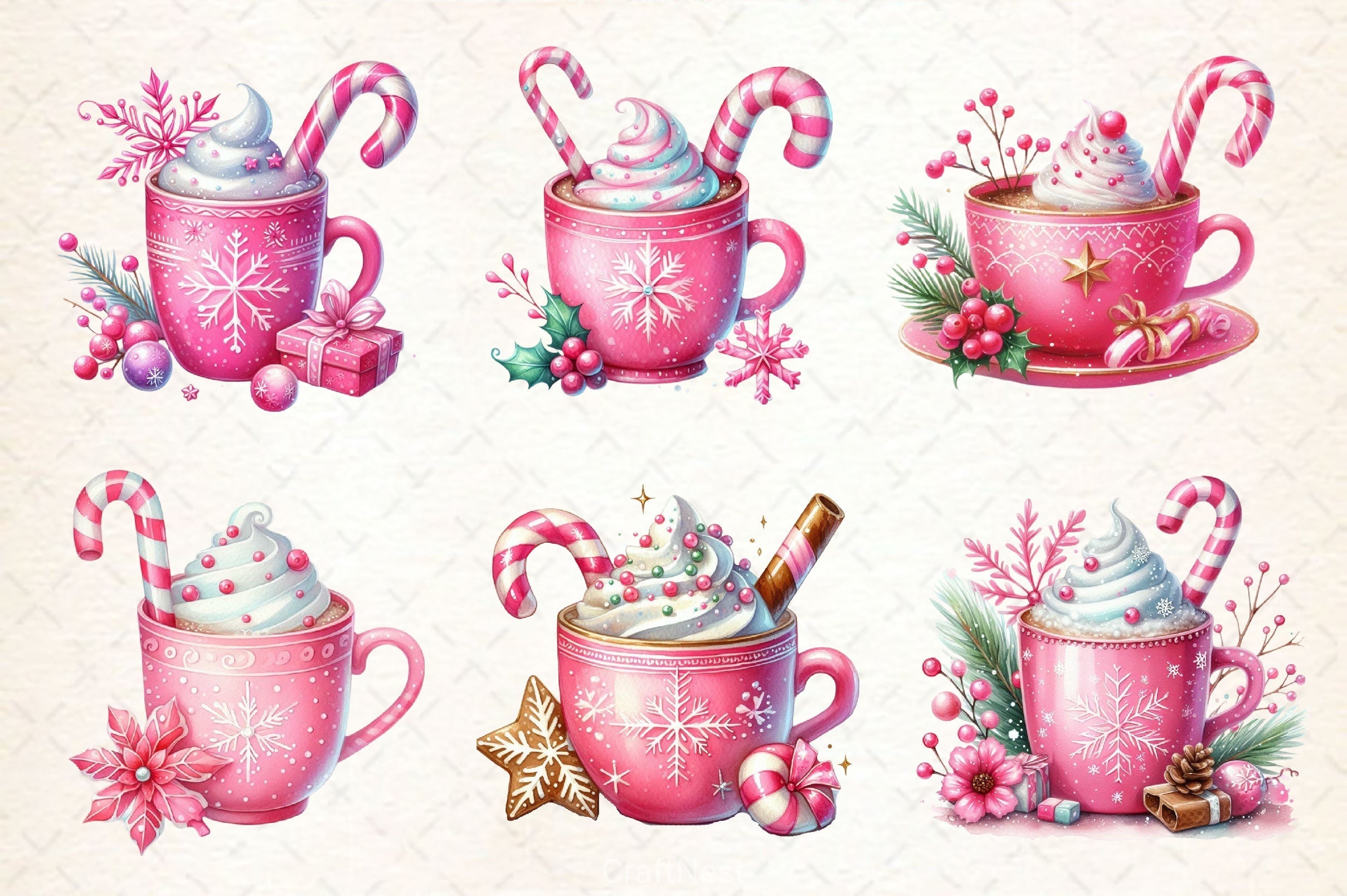 Pink Christmas Coffee Cup Clipart Bundle 2