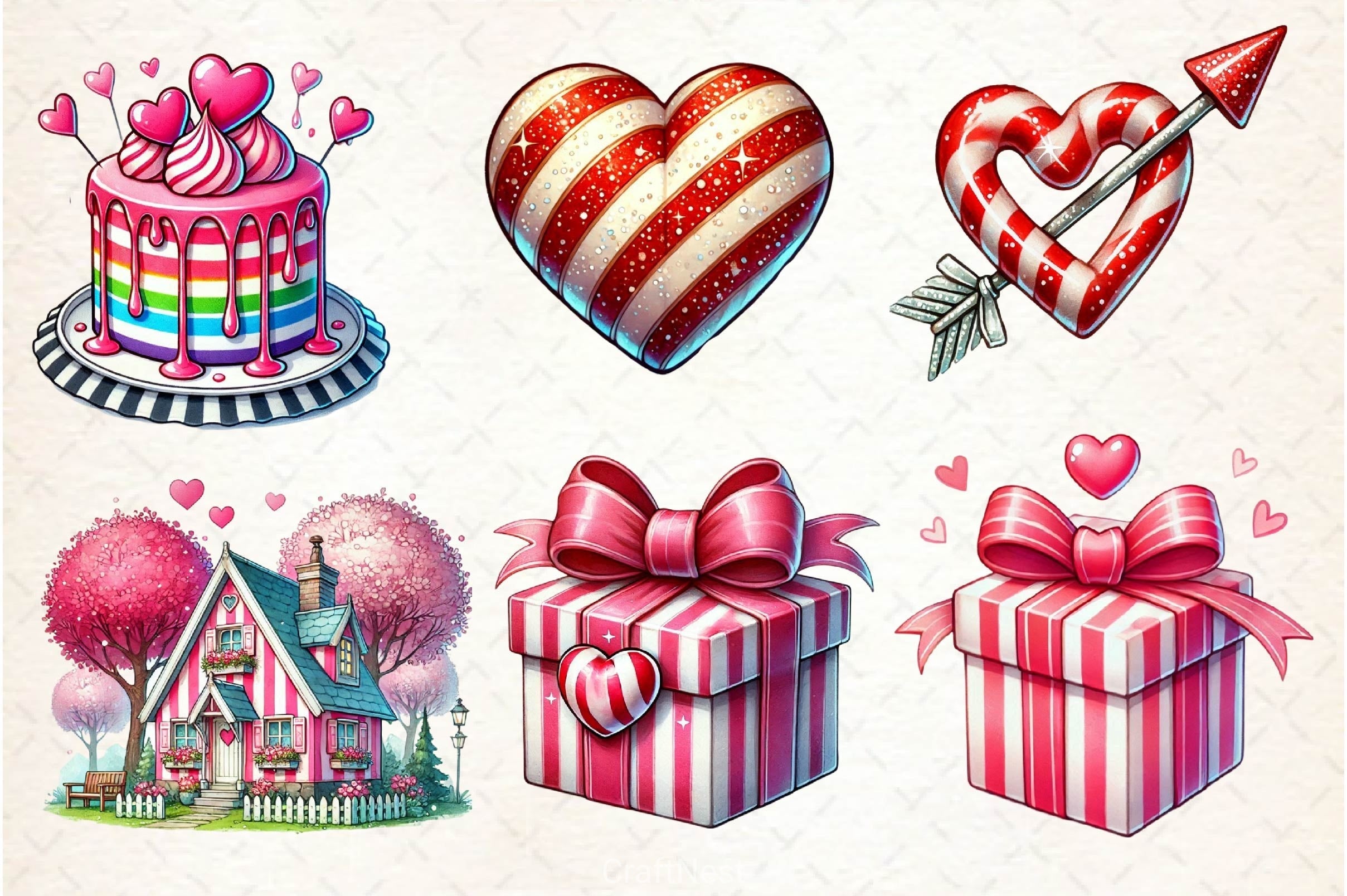 Striped Valentines Cottage Clipart Bundle