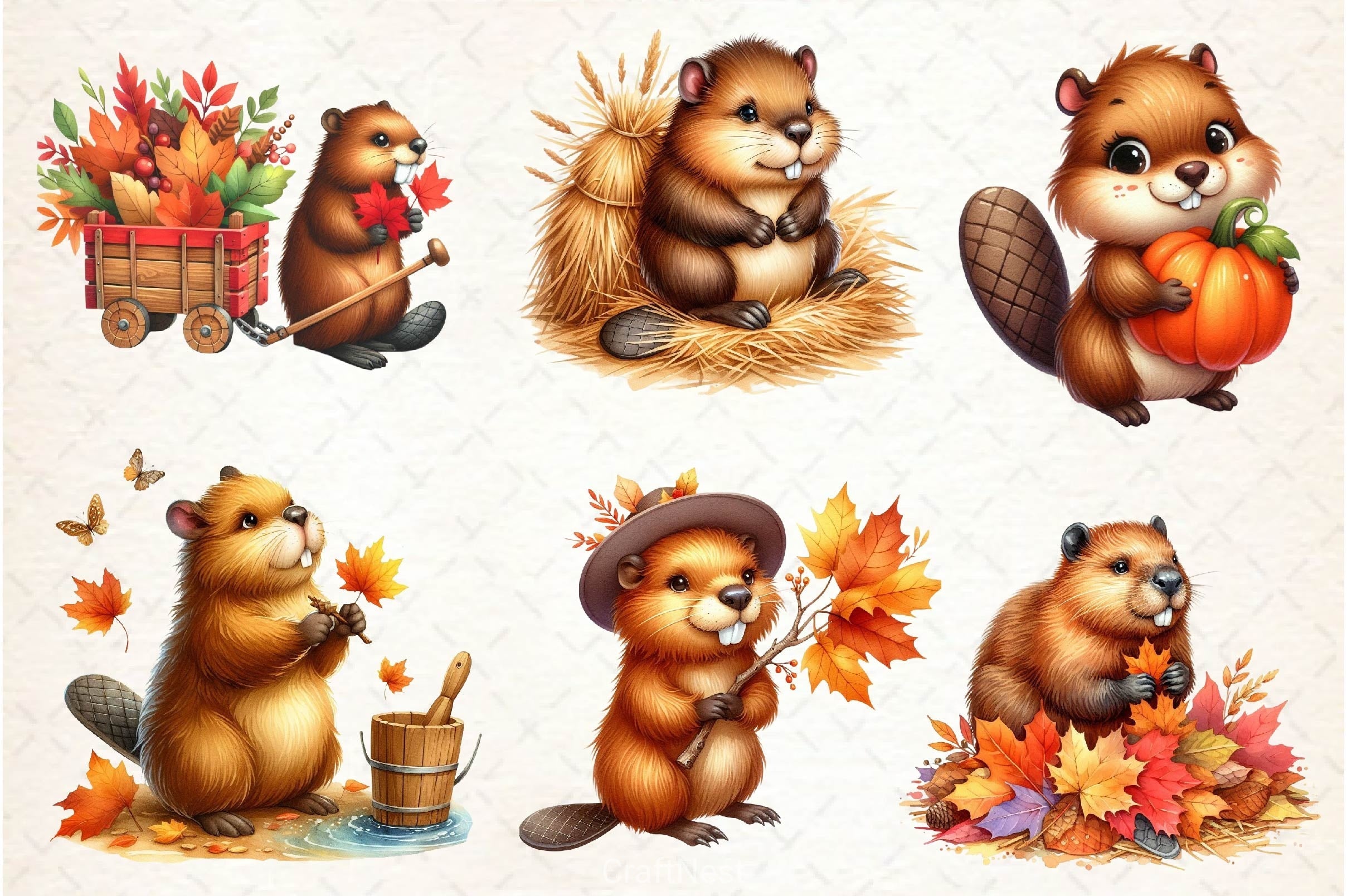 Autumn Cute Beaver Clipart Bundle 2