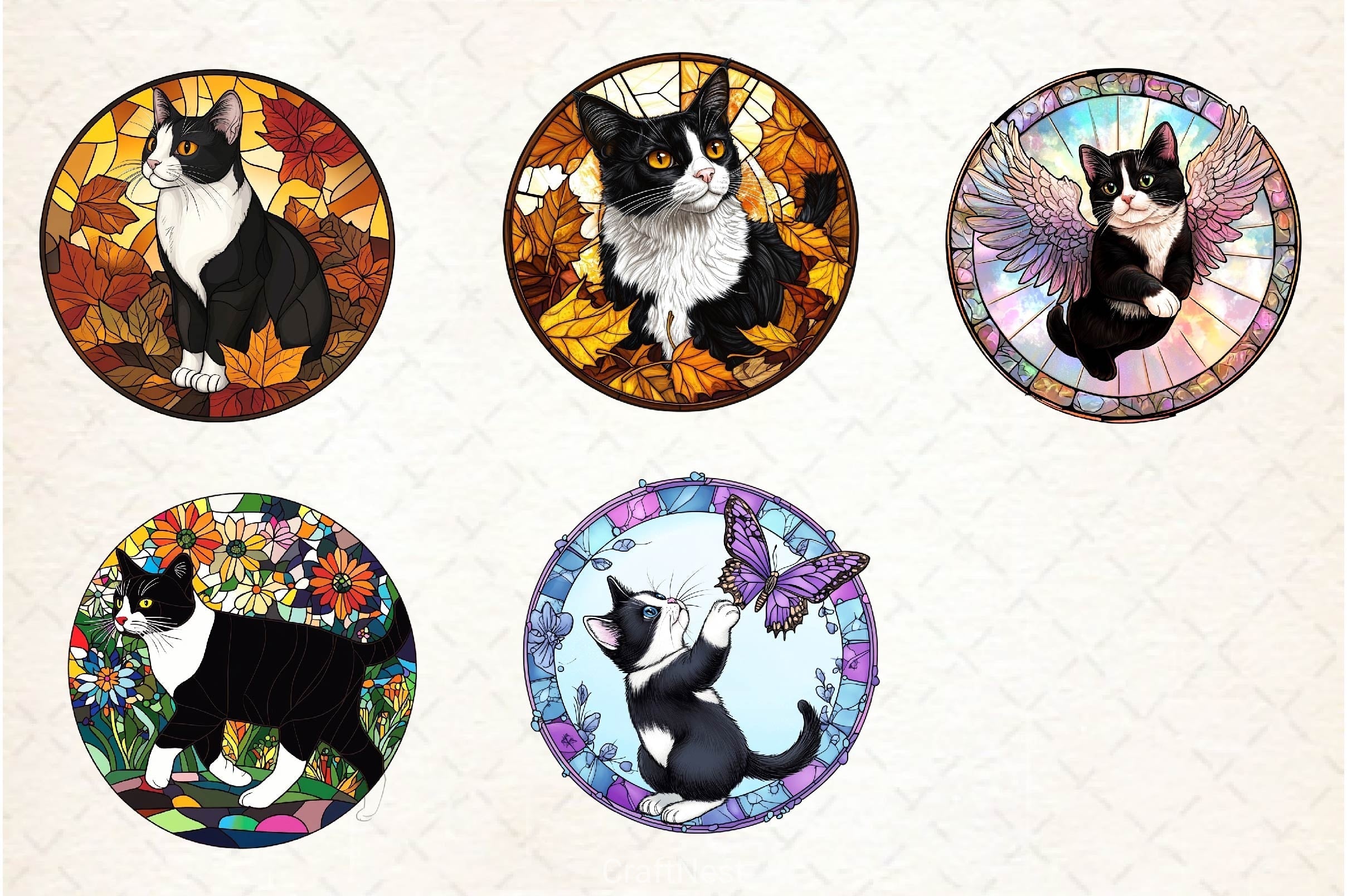 Round Stained Glass Tuxedo Cat Clipart Bundle 2