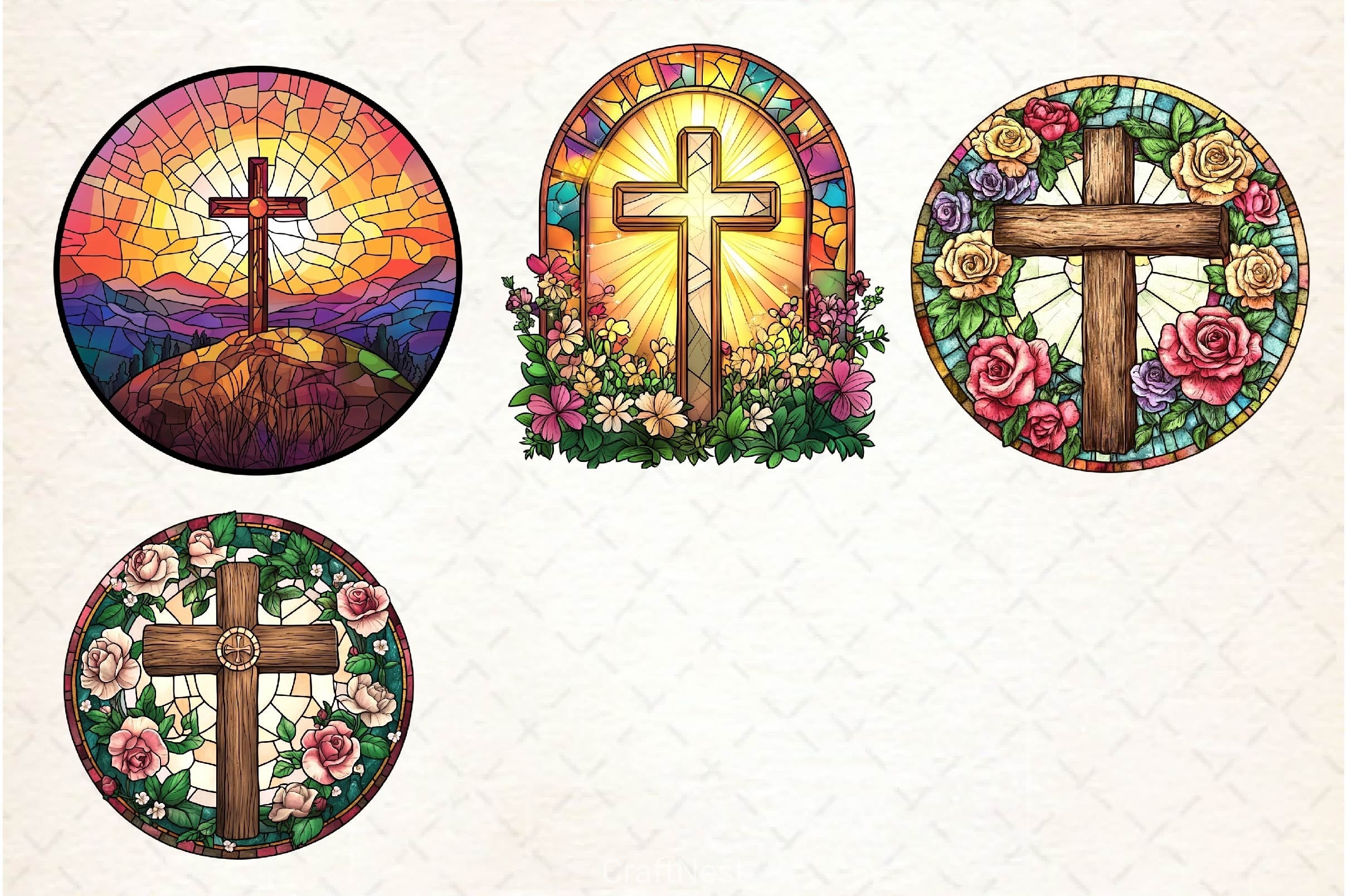 Christian Cross Round Stained Glass Art Clipart Bundle