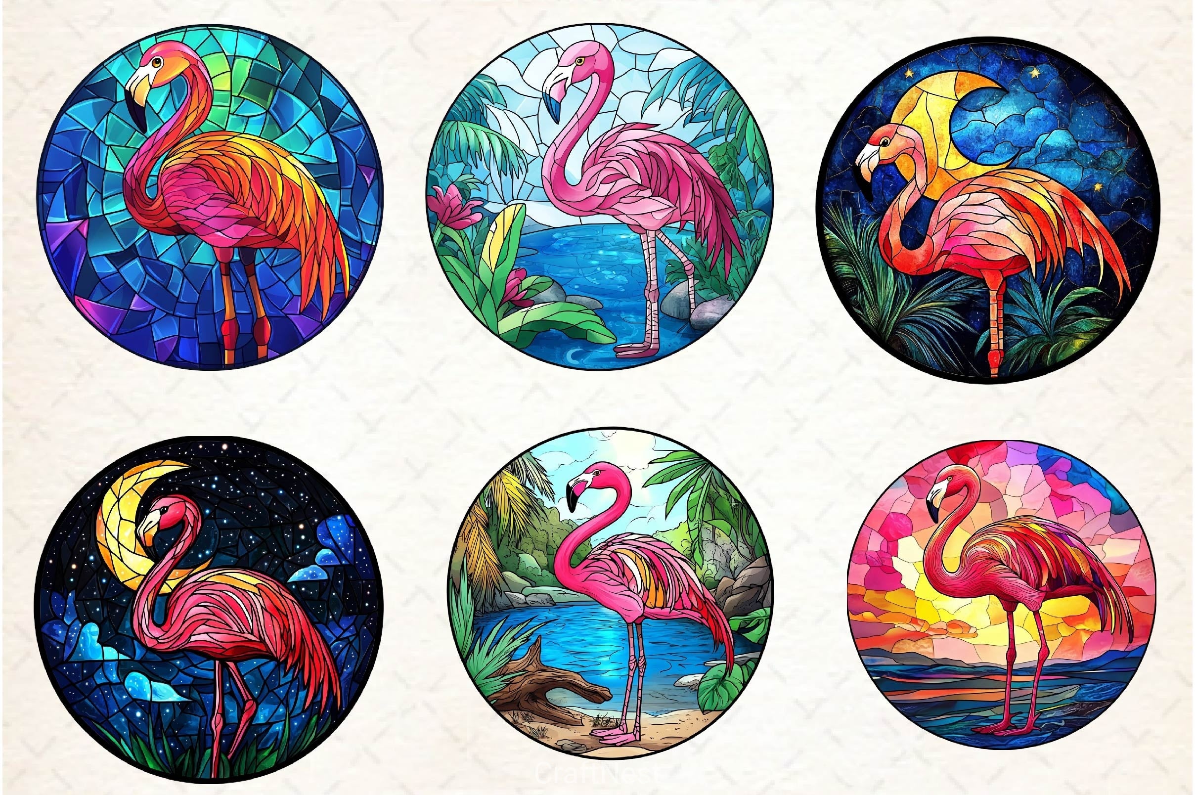 Round Stained Glass Flamingo Clipart Bundle 2