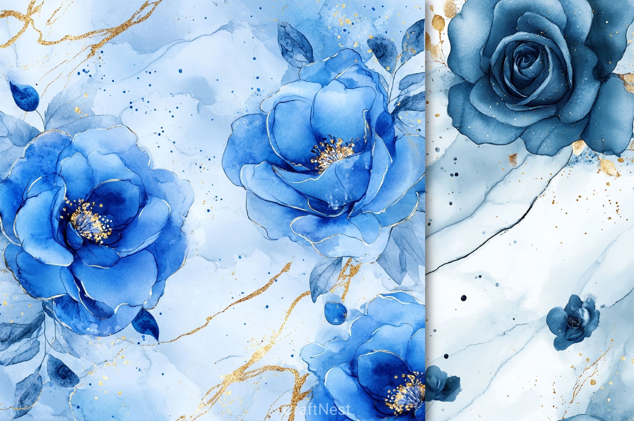 Blue Ink Flowers Digital Paper 4