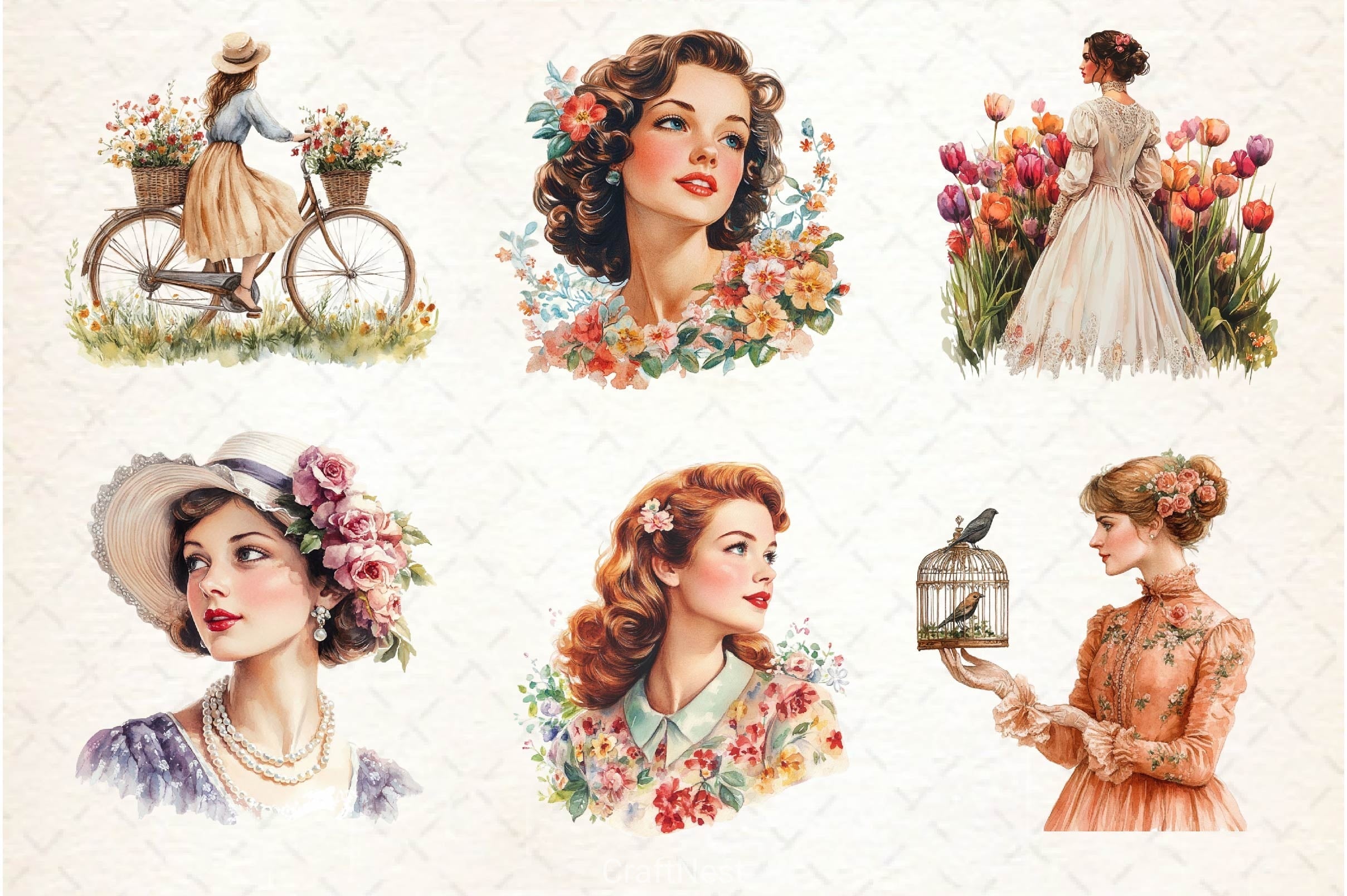 Vintage Spring Woman Clipart Bundle 2