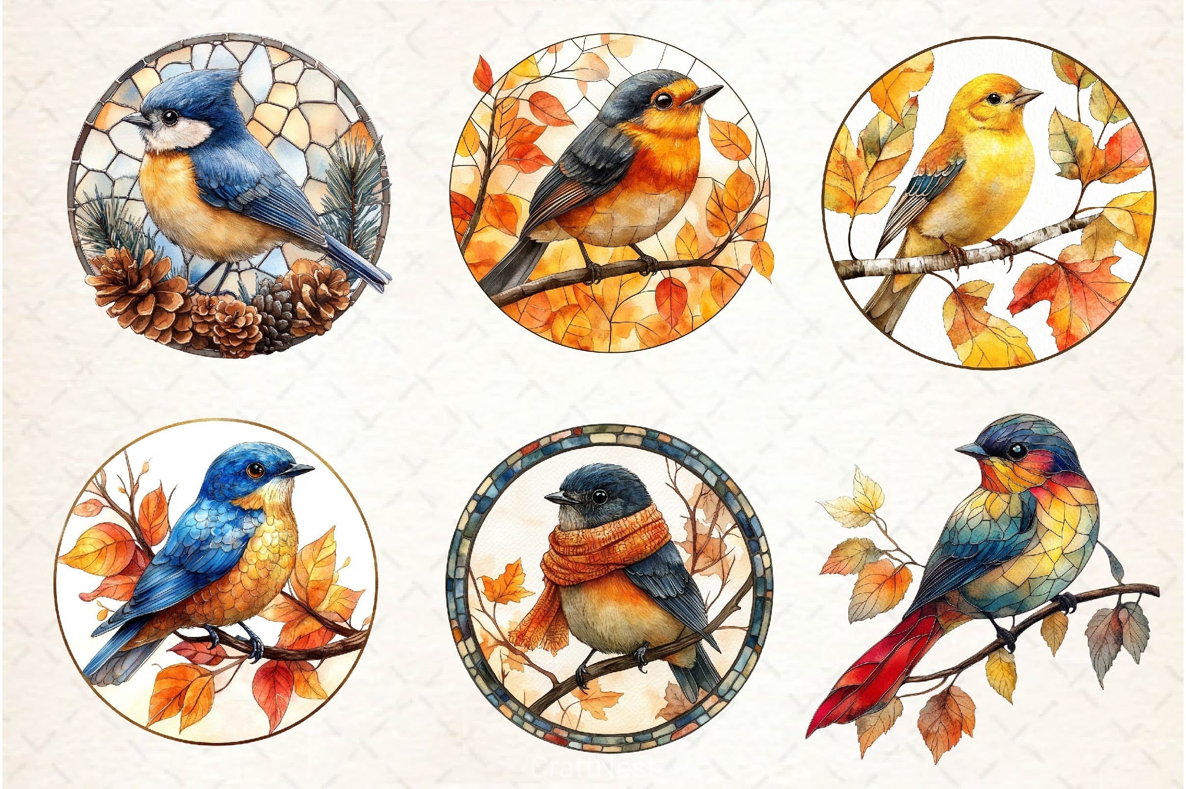 Fall Stained Glass Birds Clipart Bundle