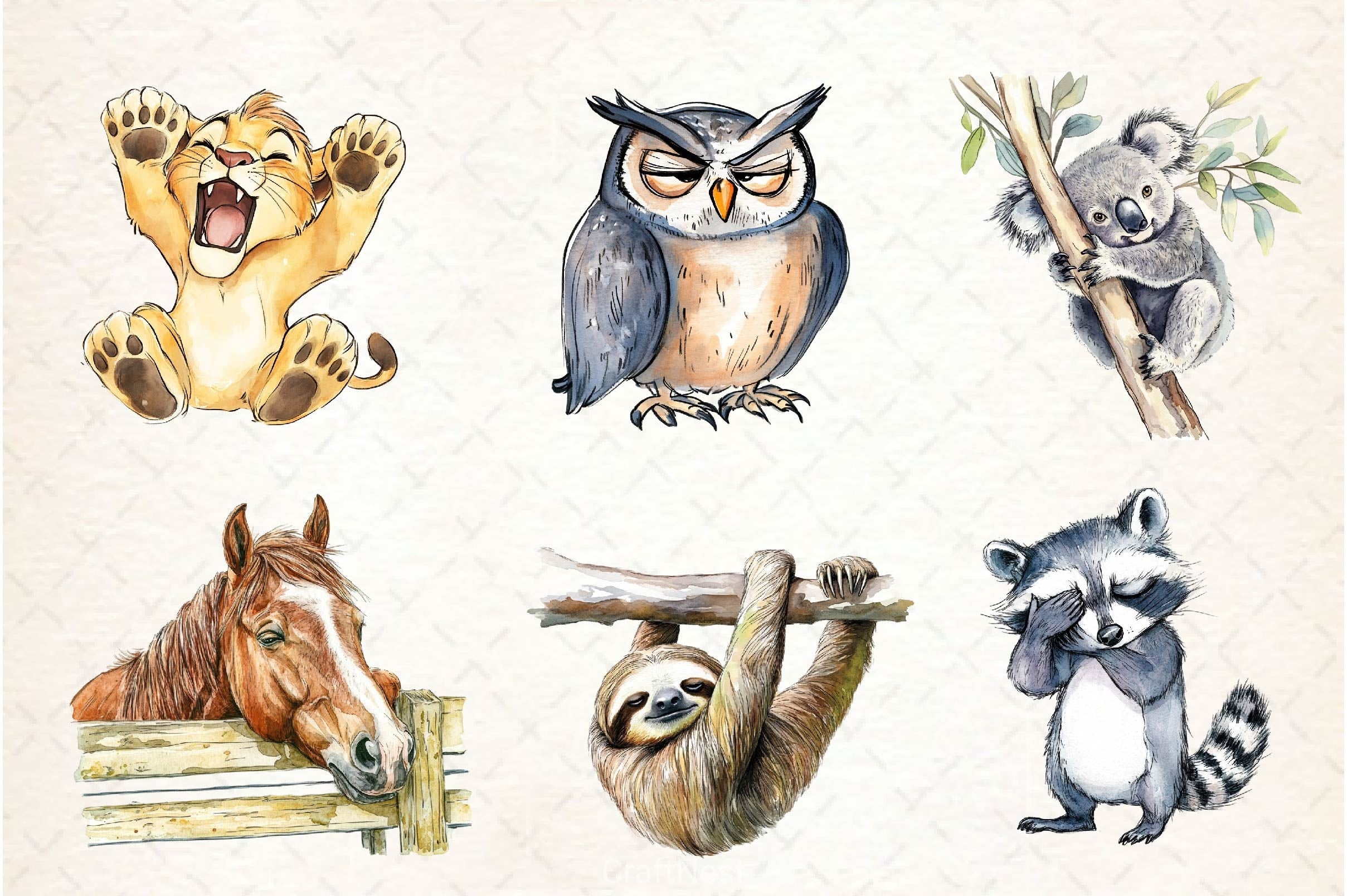 Tired Sleepy Animals Clipart Bundle
