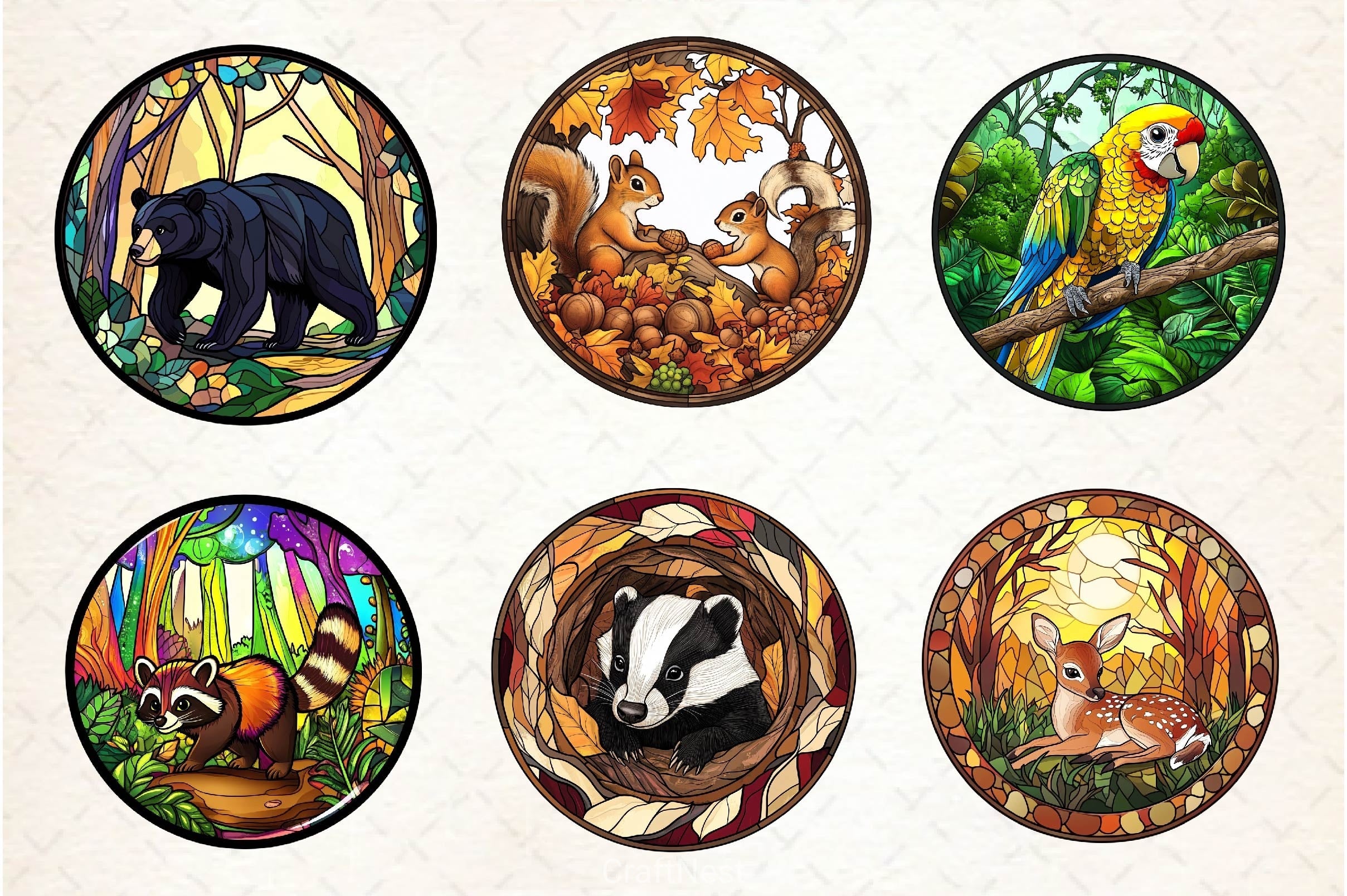 Round Stained Glass Forest Animals Clipart Bundle 2