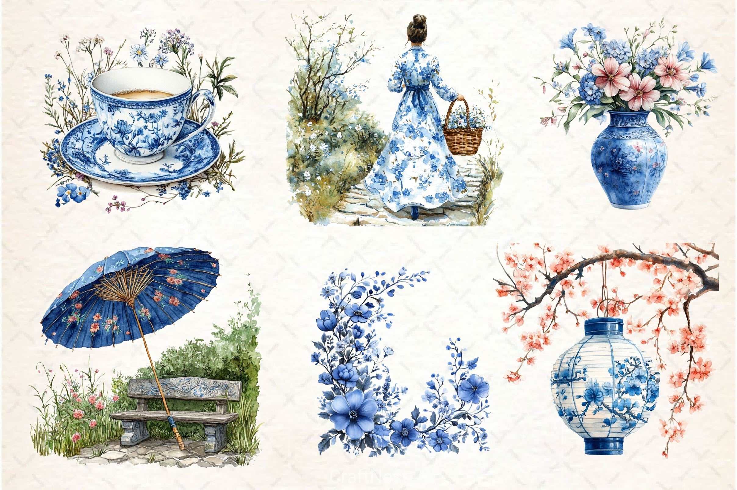 Blue Chinoiserie Spring Clipart Bundle 2