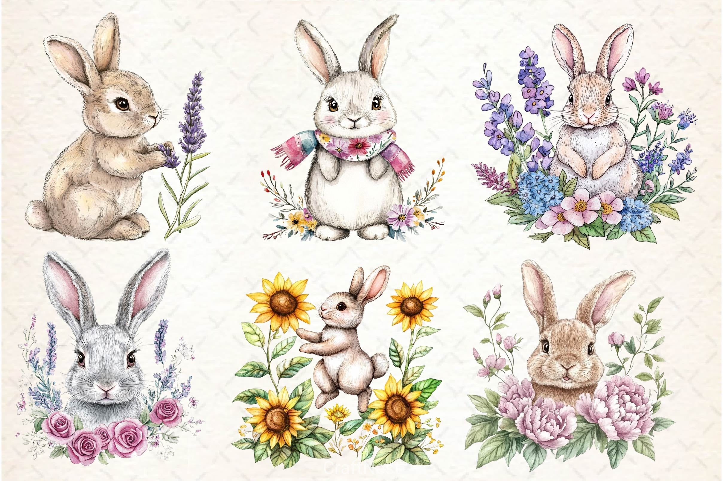 Floral Bunny Embroidery Clipart Bundle