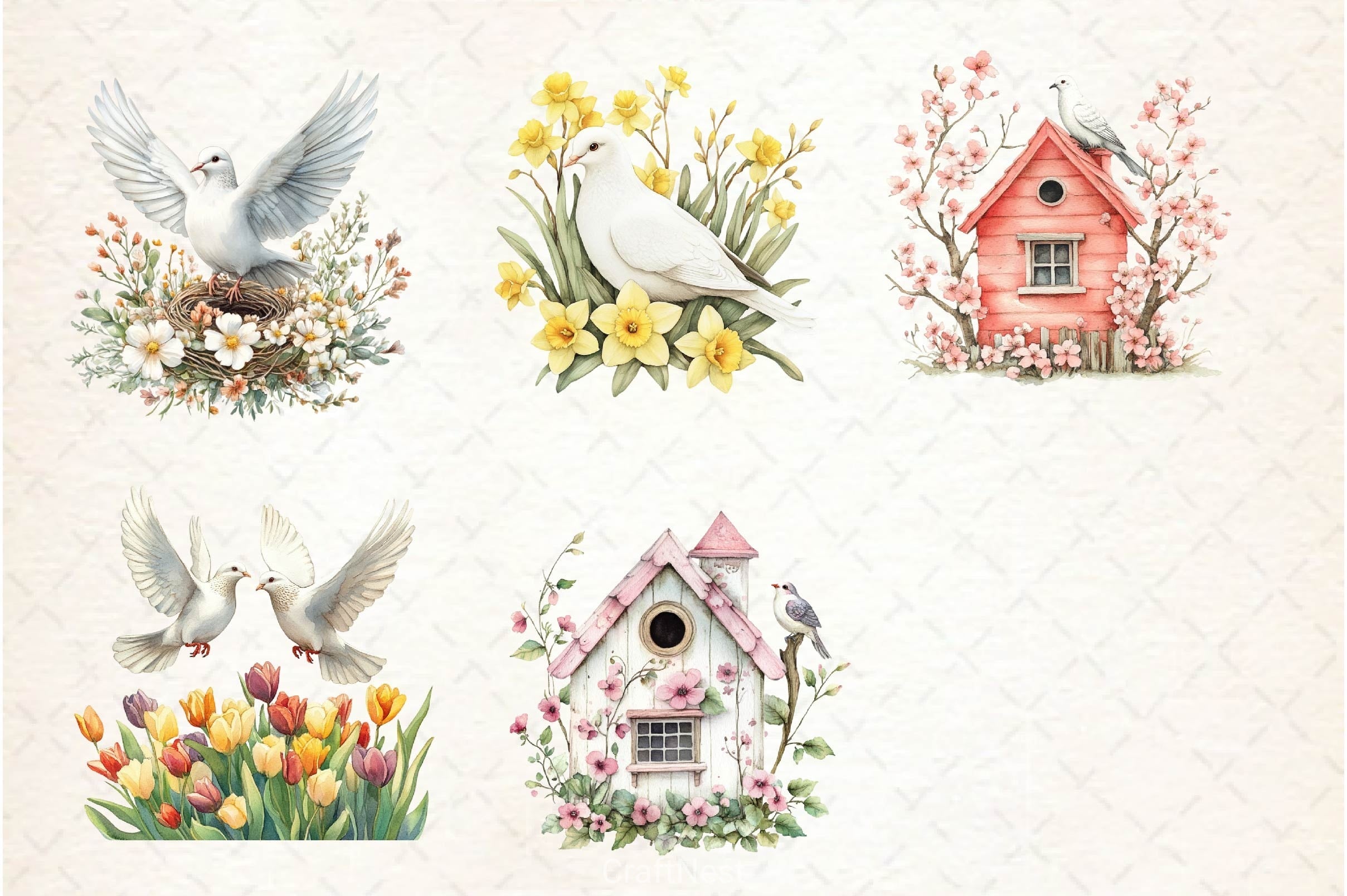 Spring White Doves Clipart Bundle 2
