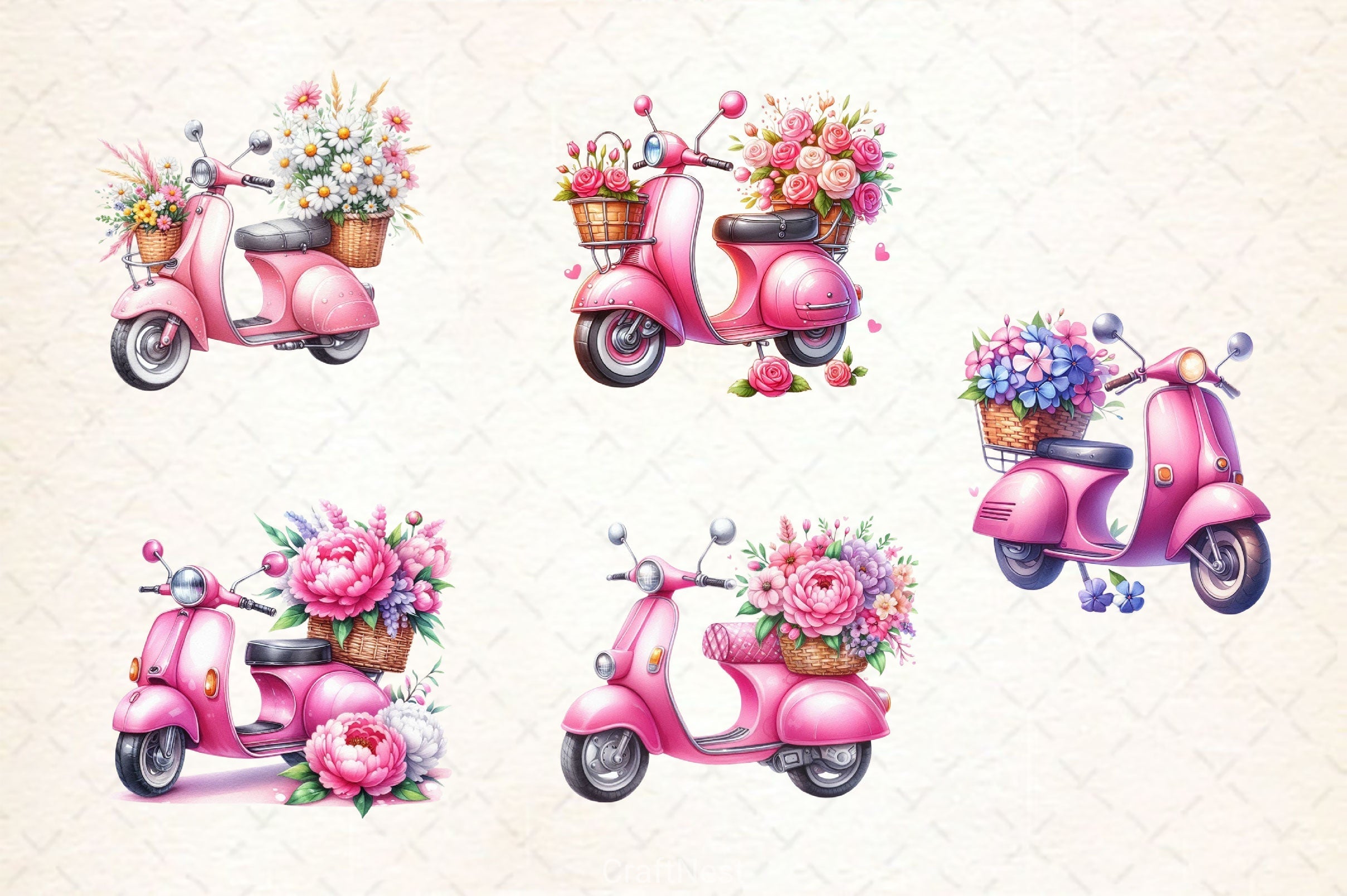 Pink Scooter Flowers Clipart Bundle