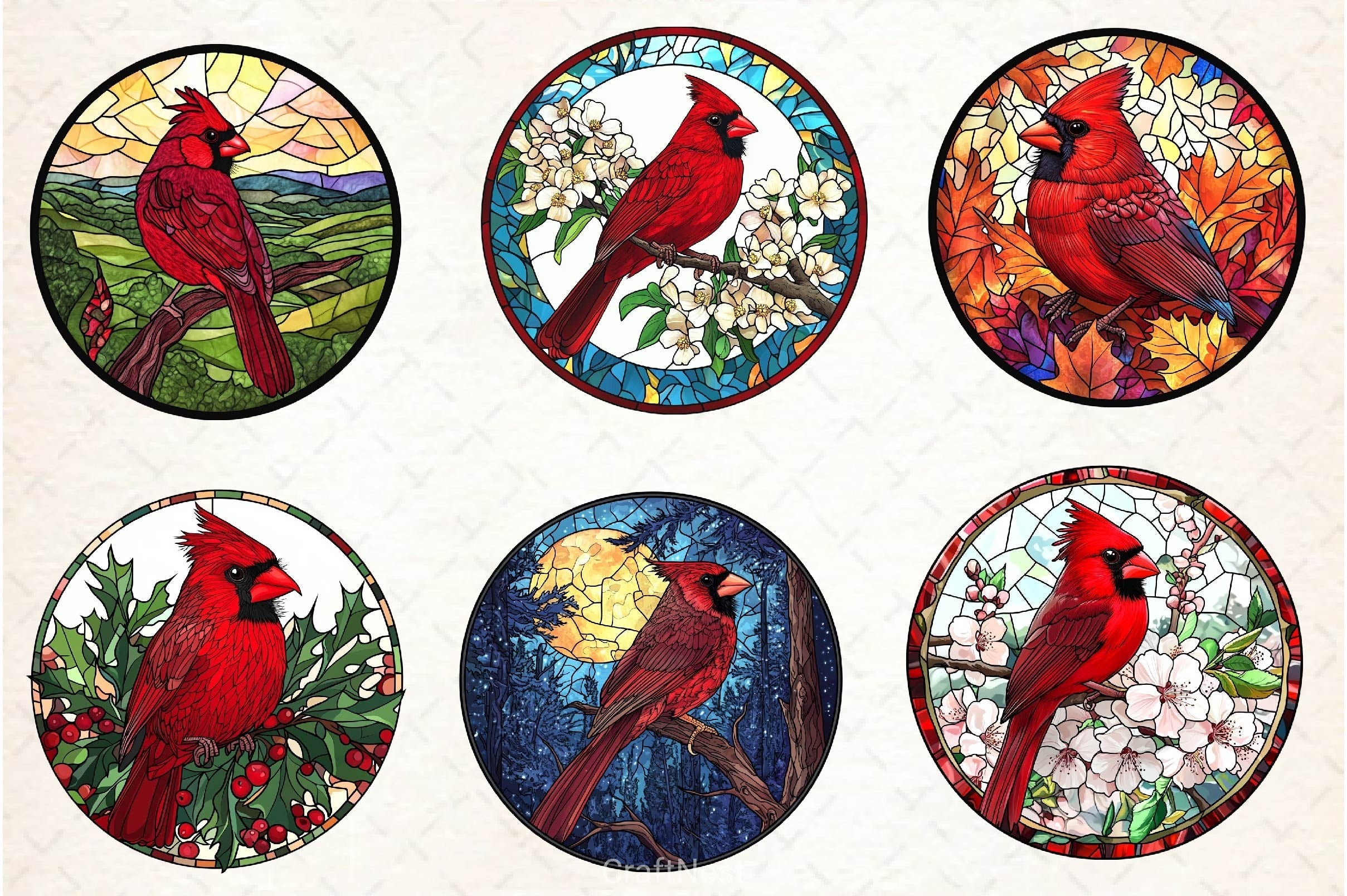 Stained Glass Cardinal Bird Wind Spinner Clipart Bundle