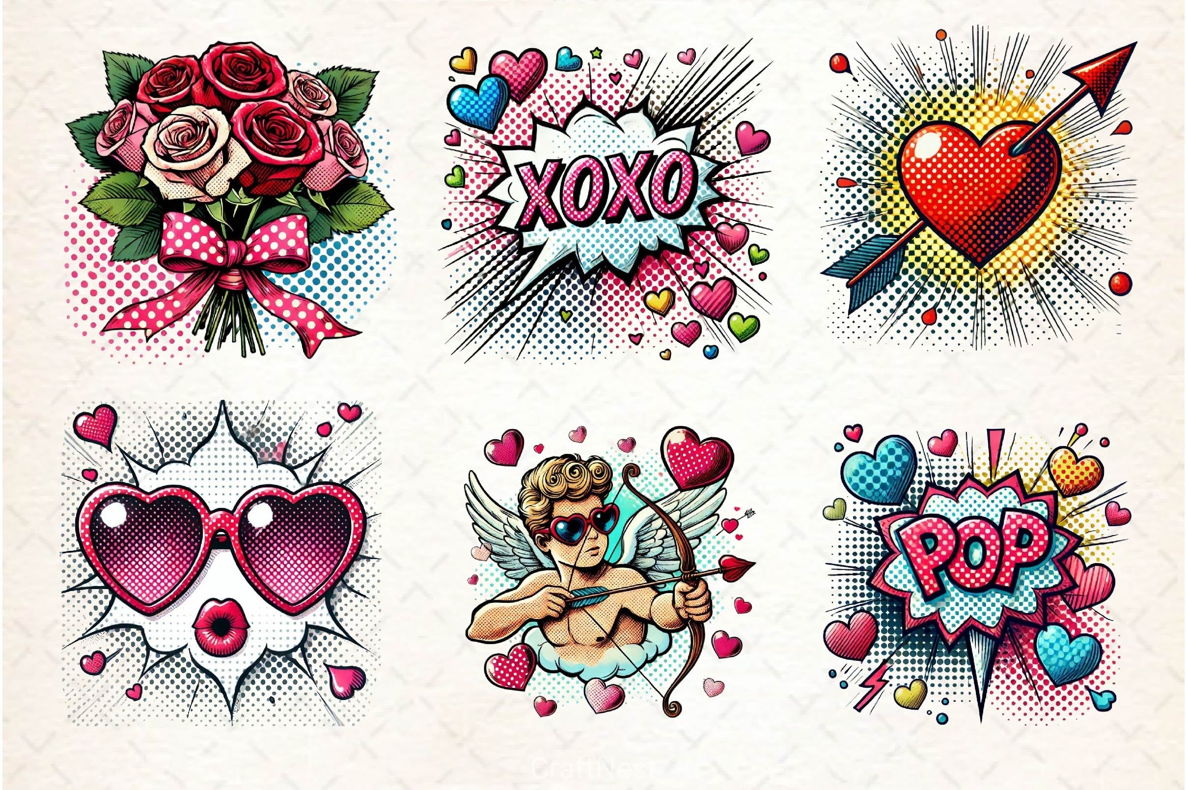 Cute Pop Art Valentines Day Clipart Bundle