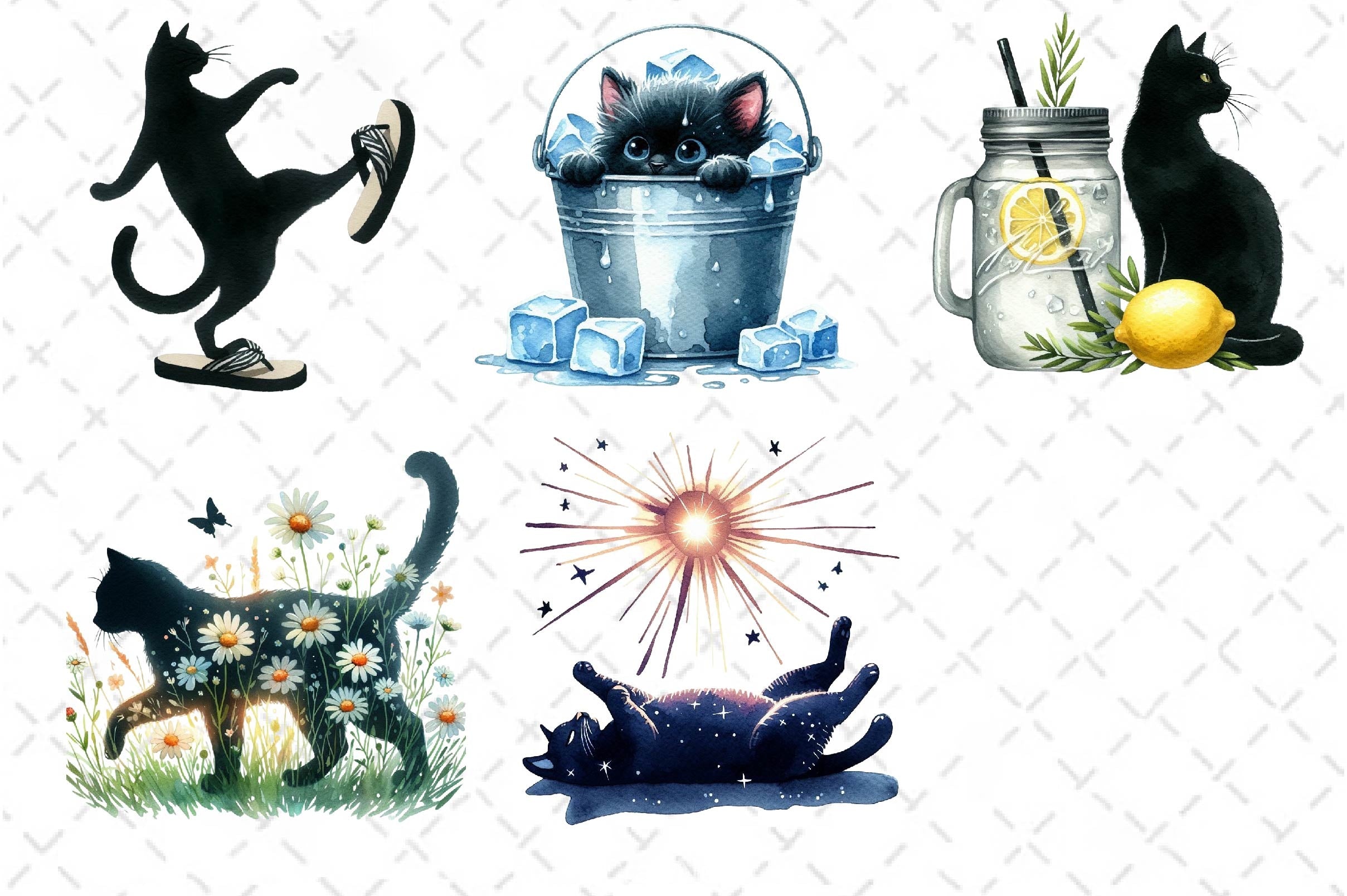 Cat Silhouette Summer Clipart Bundle