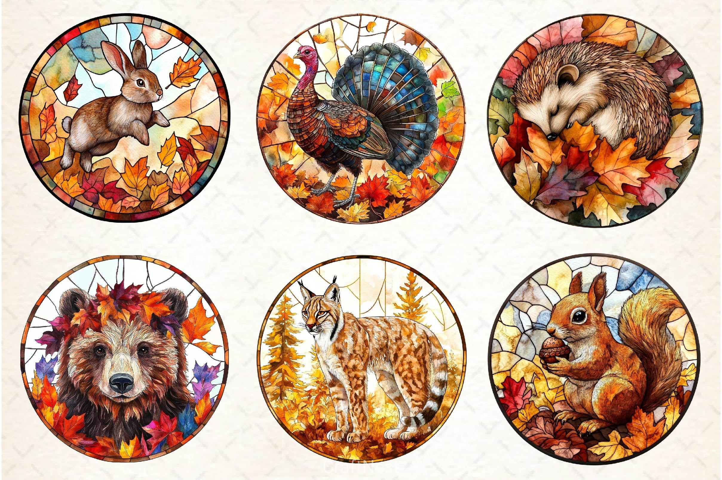 Stained Glass Autumn Animals Clipart Bundle