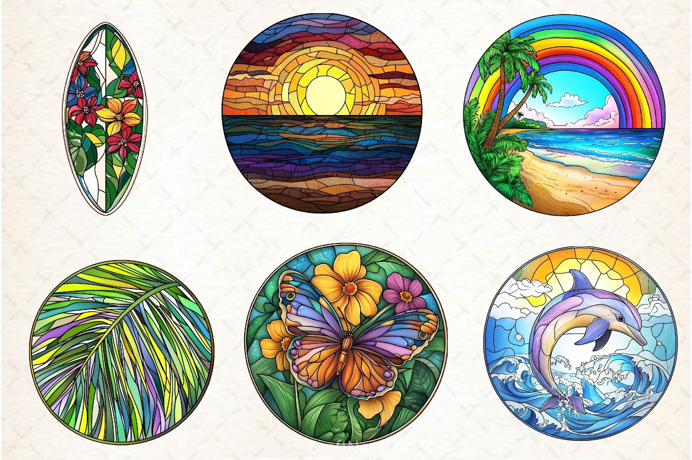 Round Stained Glass Summer Clipart Bundle 4