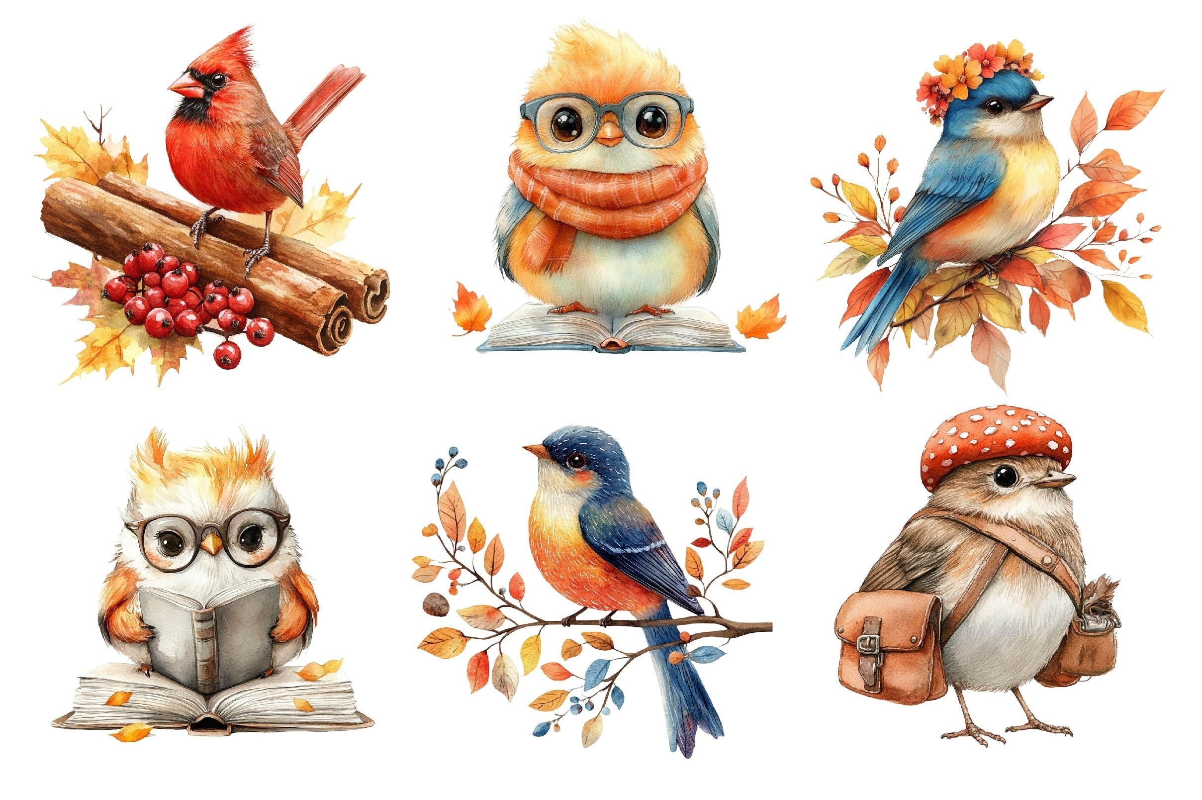 Whimsical Fall Autumn Birds Clipart Bundle