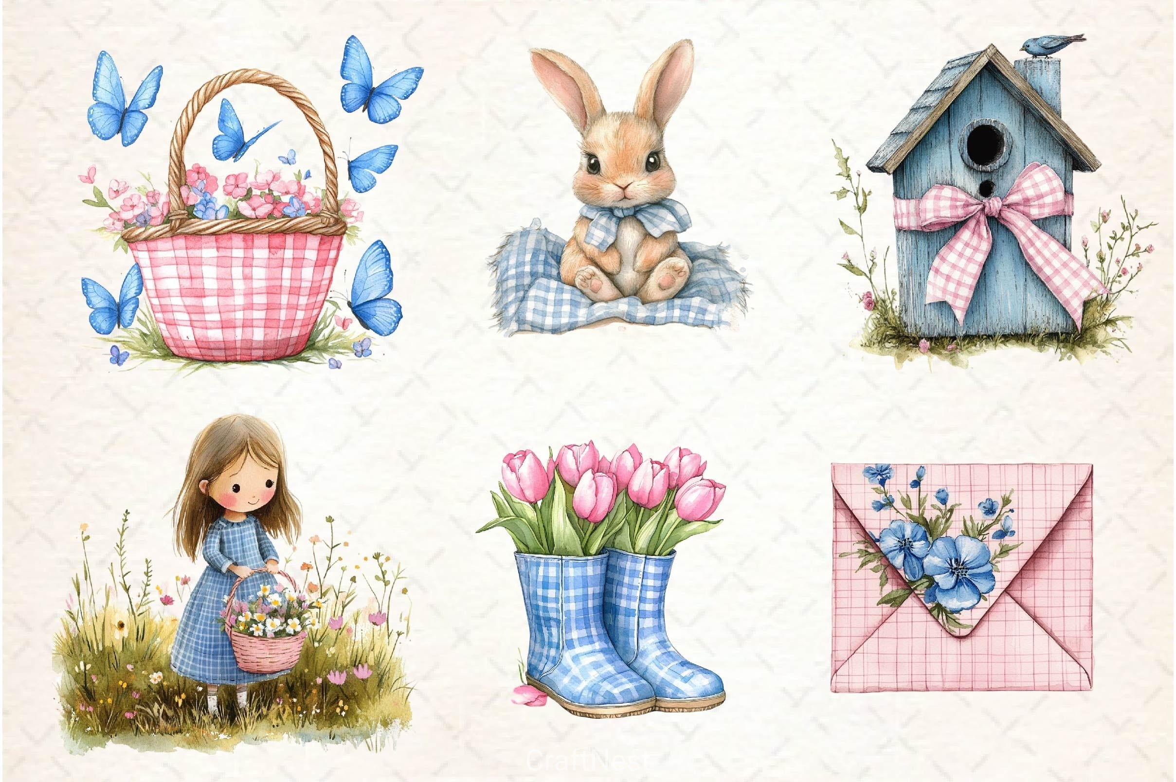 Blue & Pink Gingham Spring Clipart Bundle 10
