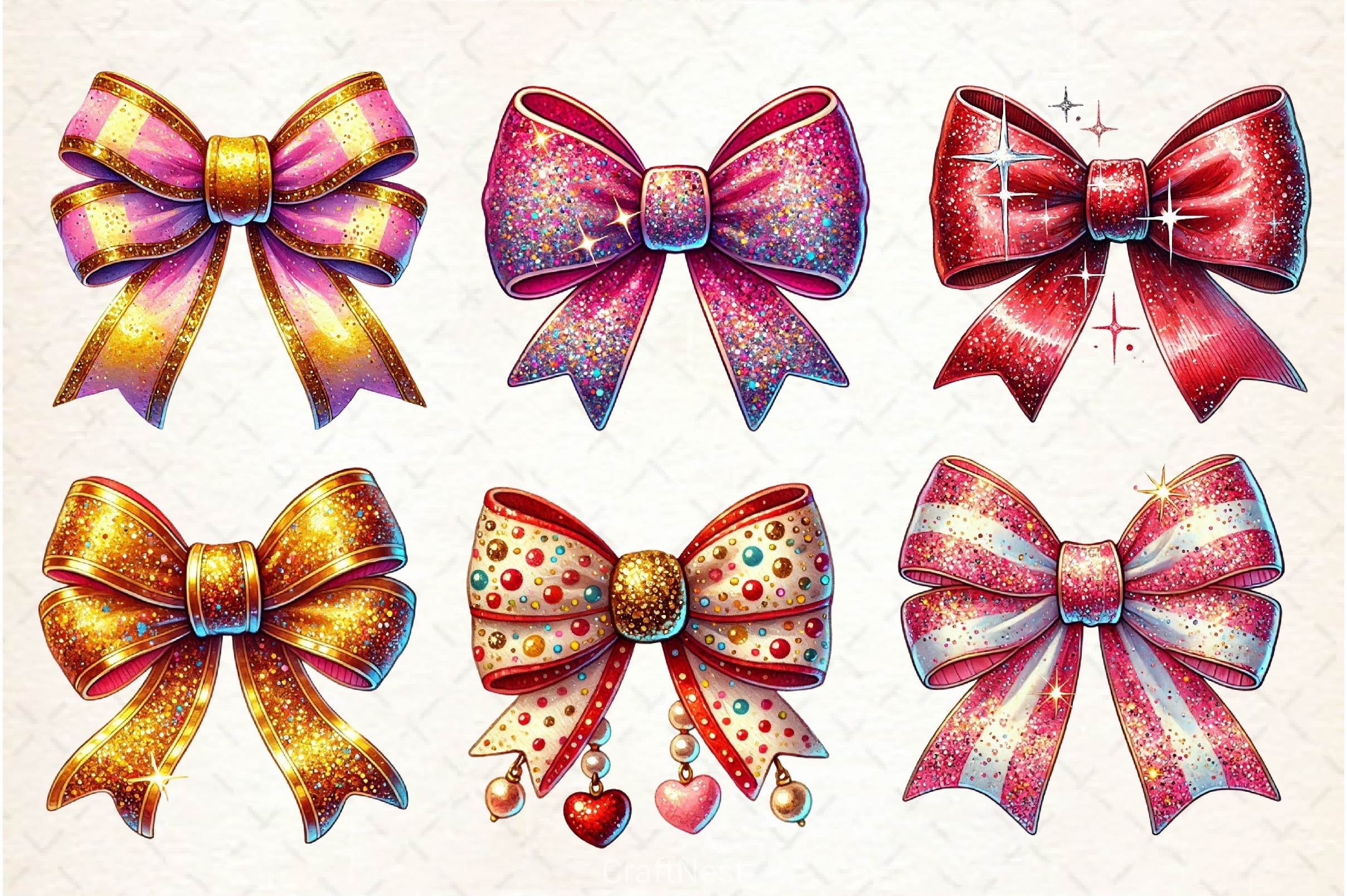 Glitter Coquette Valentine Bow Clipart Bundle