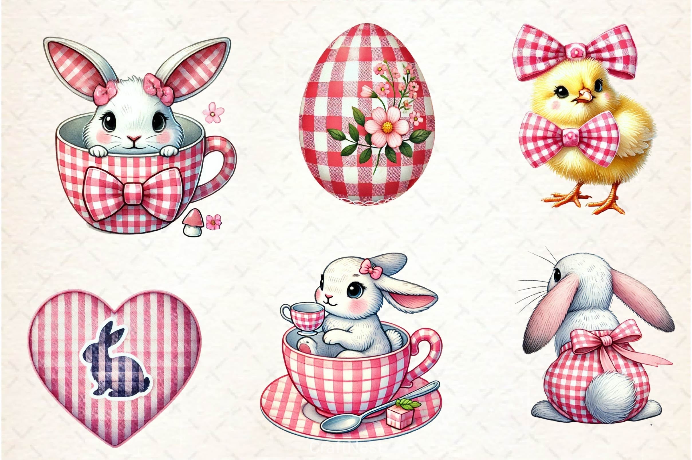 Pink Easter Gingham Ceramic Clipart Bundle 2