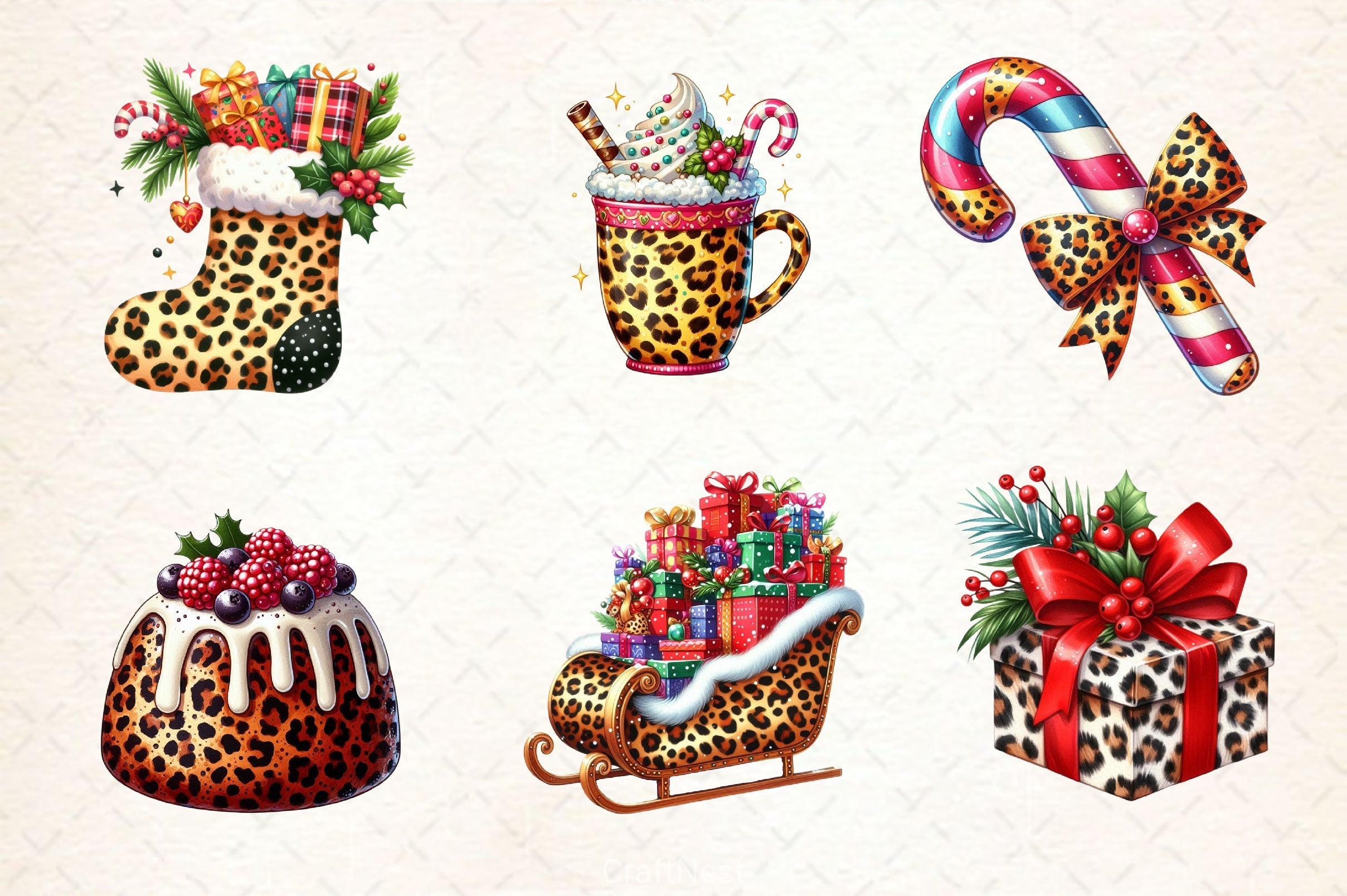 Leopard Print Christmas Clipart Bundle 2