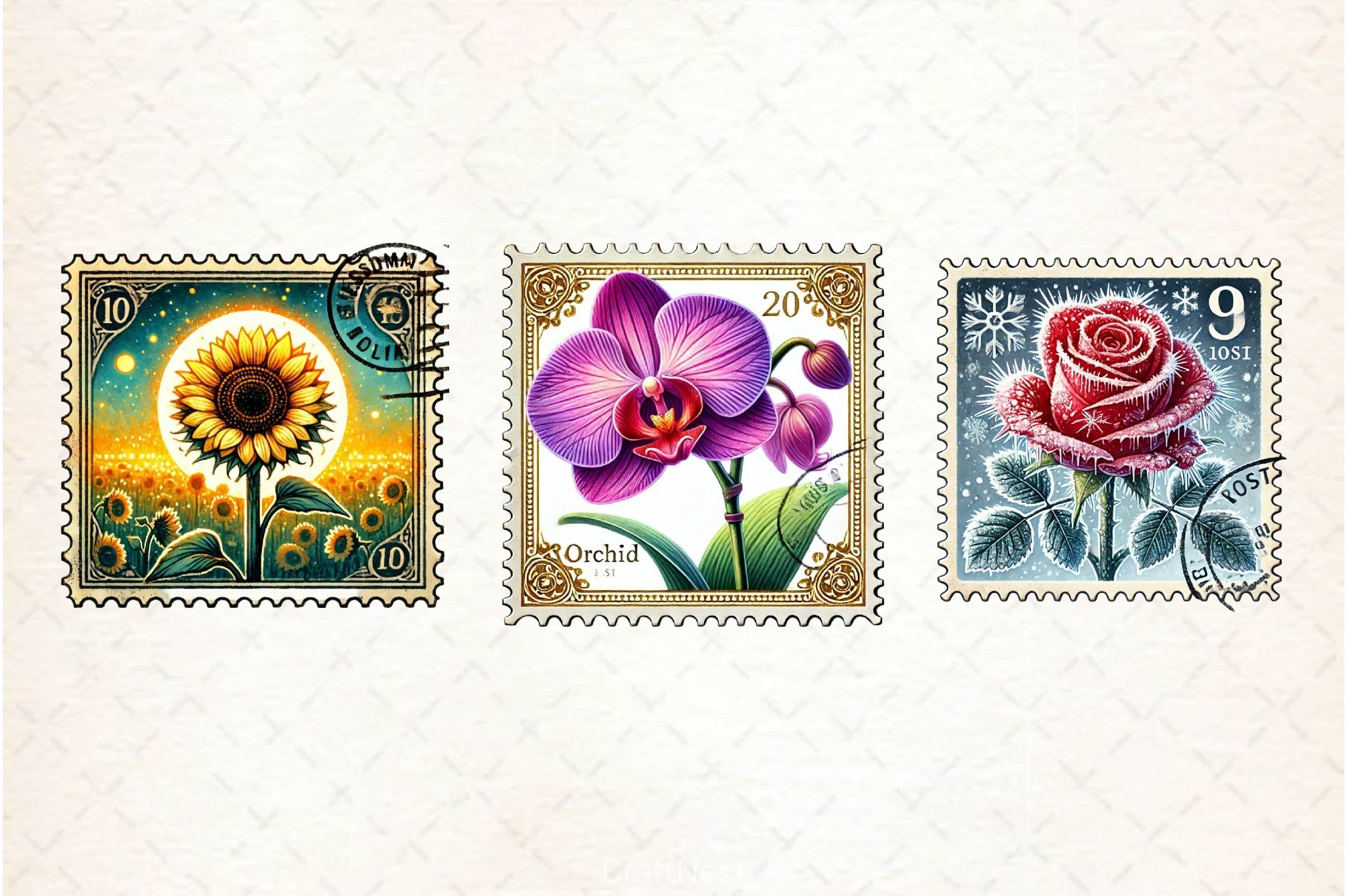 Flowers Postage Stamp Clipart Bundle