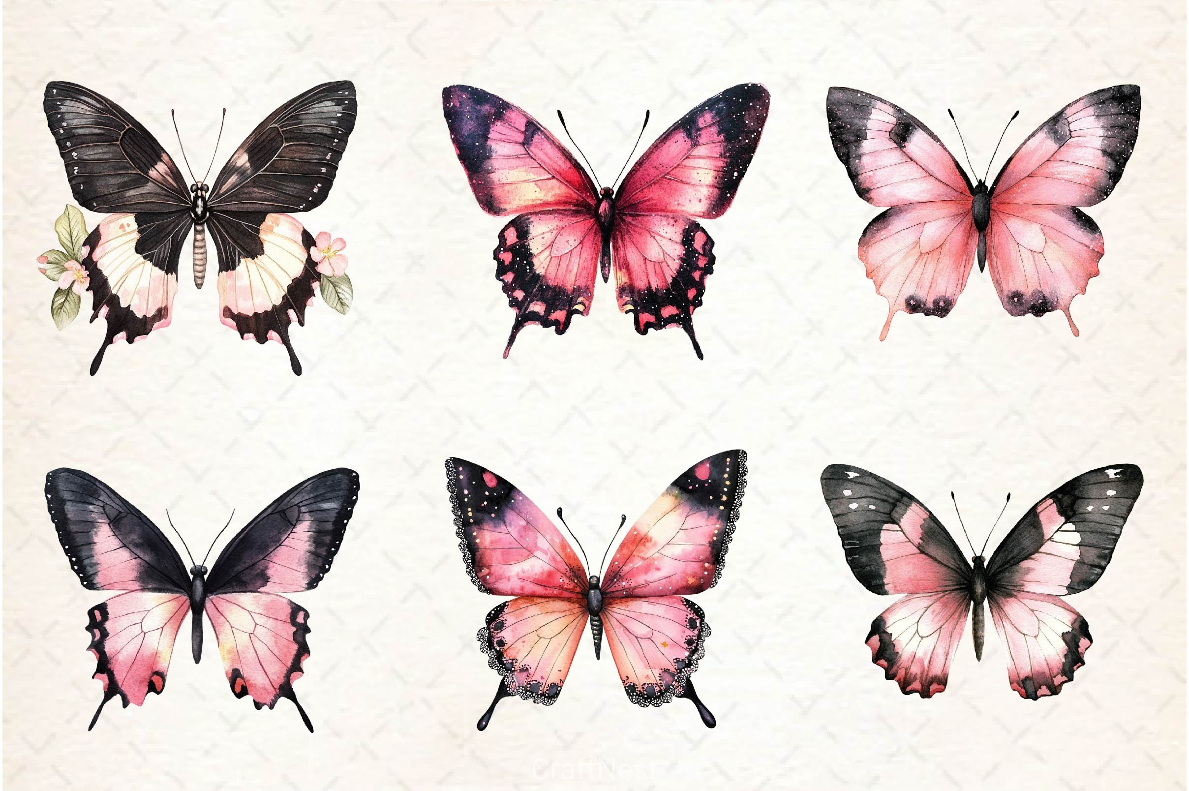 Black And Pink Butterfly Clipart Bundle