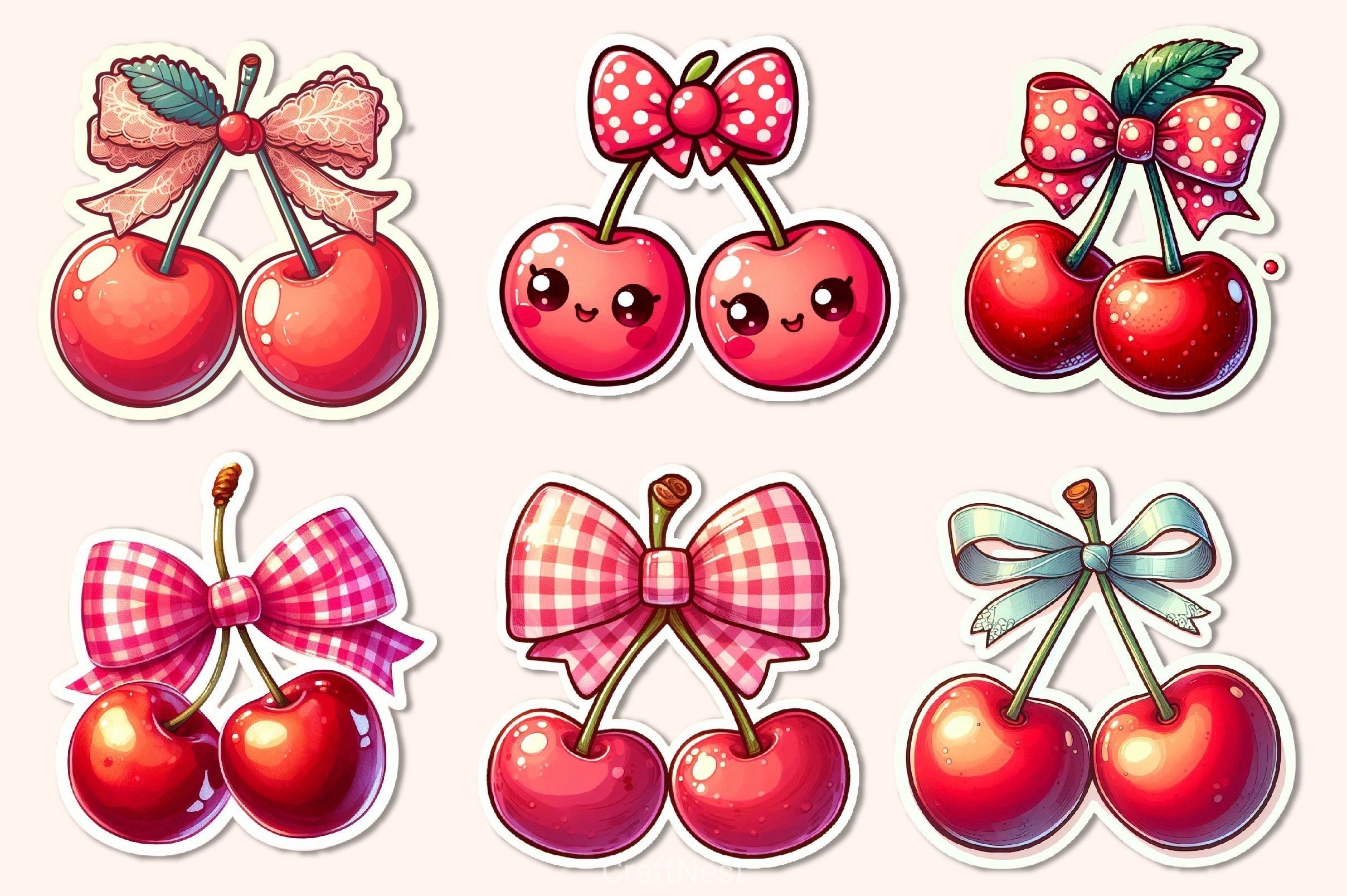 Kawaii Cherry With Bow Clipart Bundle